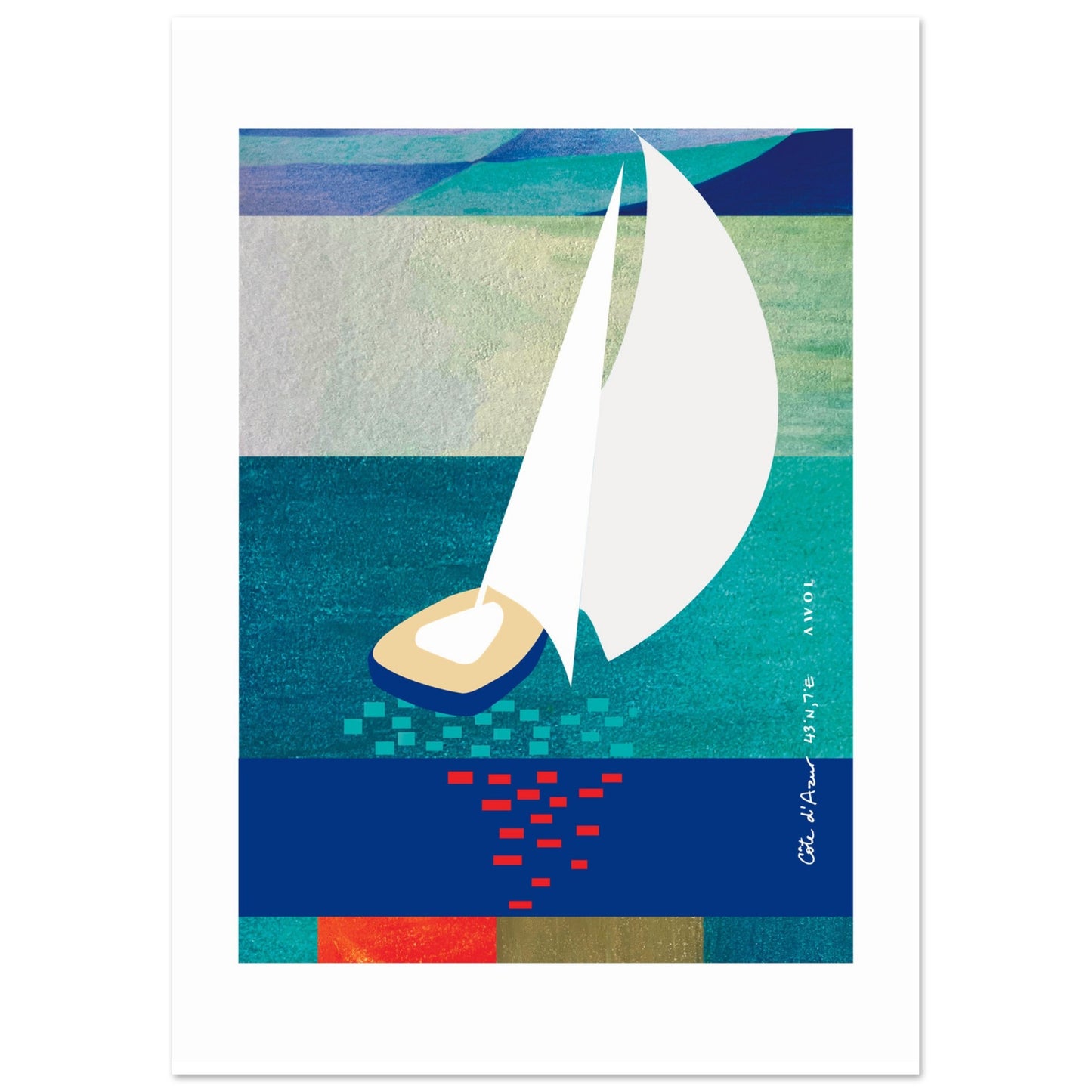 White Sailboat At Sunset On The Sea With Graphic Reflection: French Rivera Classic Matte Paper Poster