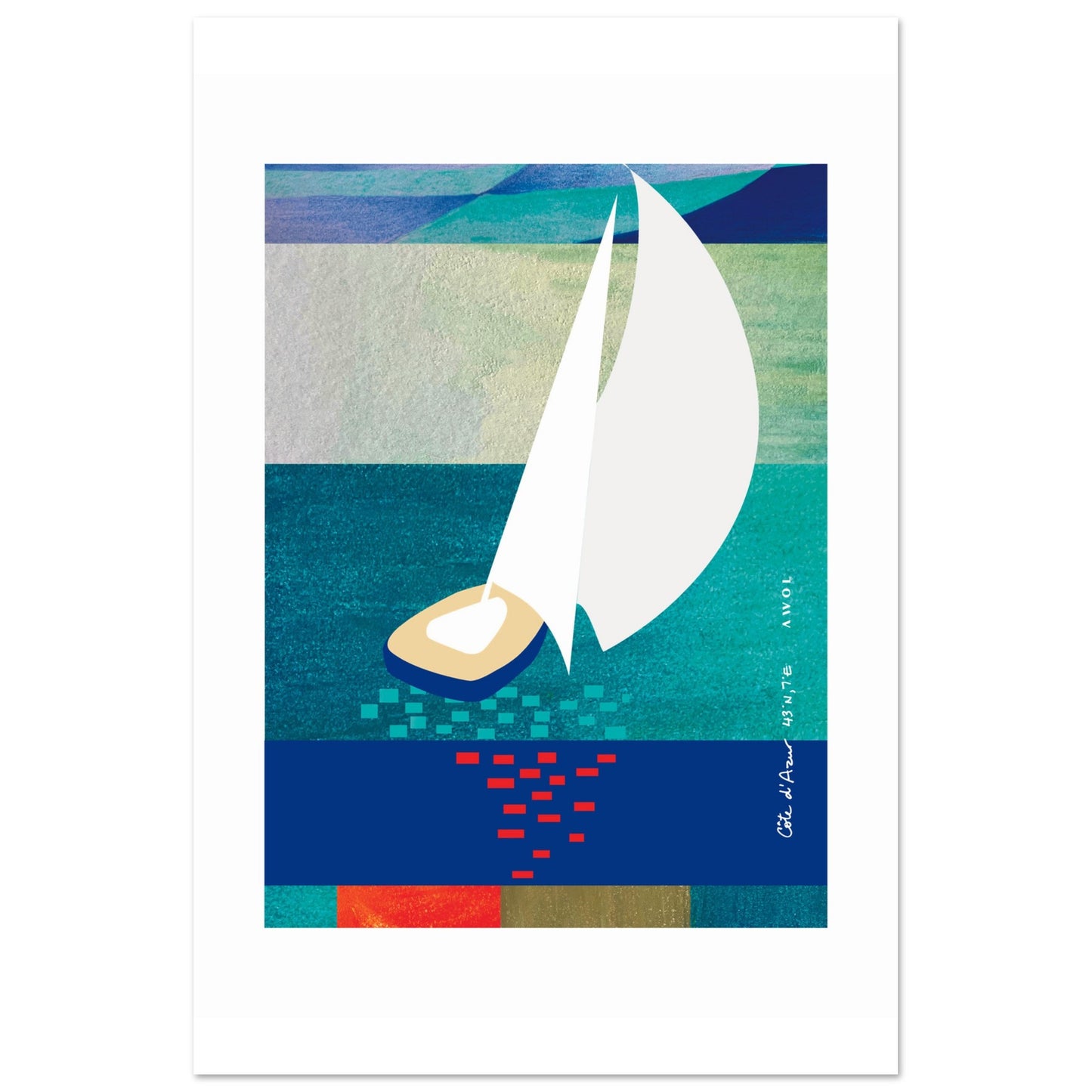 White Sailboat At Sunset On The Sea With Graphic Reflection: French Rivera Aluminum Print