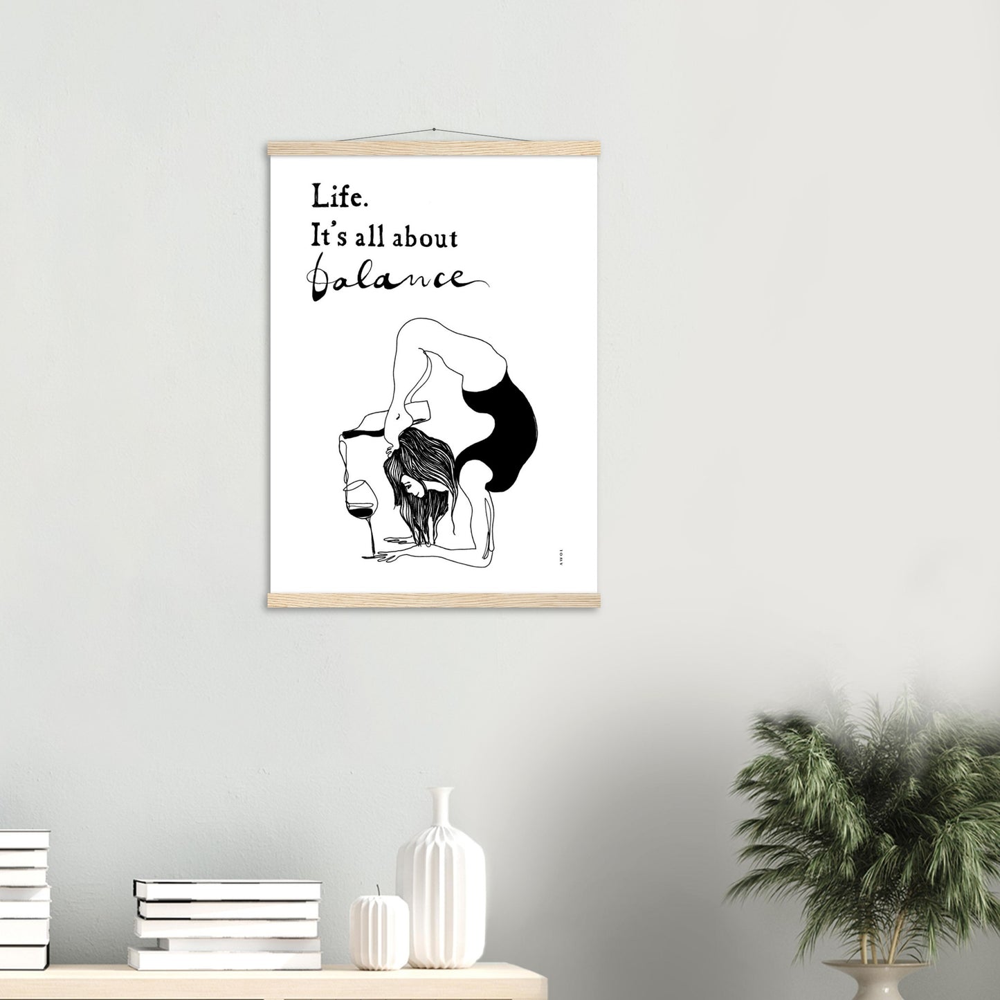 Funny Yoga Art Print With Spiritual Quote, Yoga Pose And Wine, Poster Print with Hanger