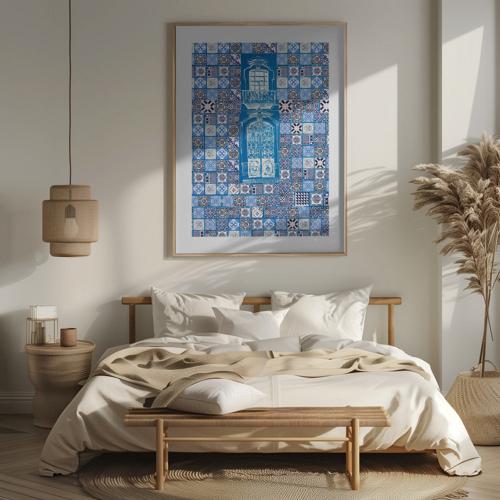 Blue Portugese Patterns: Azulejos Wall, Wooden Framed Poster