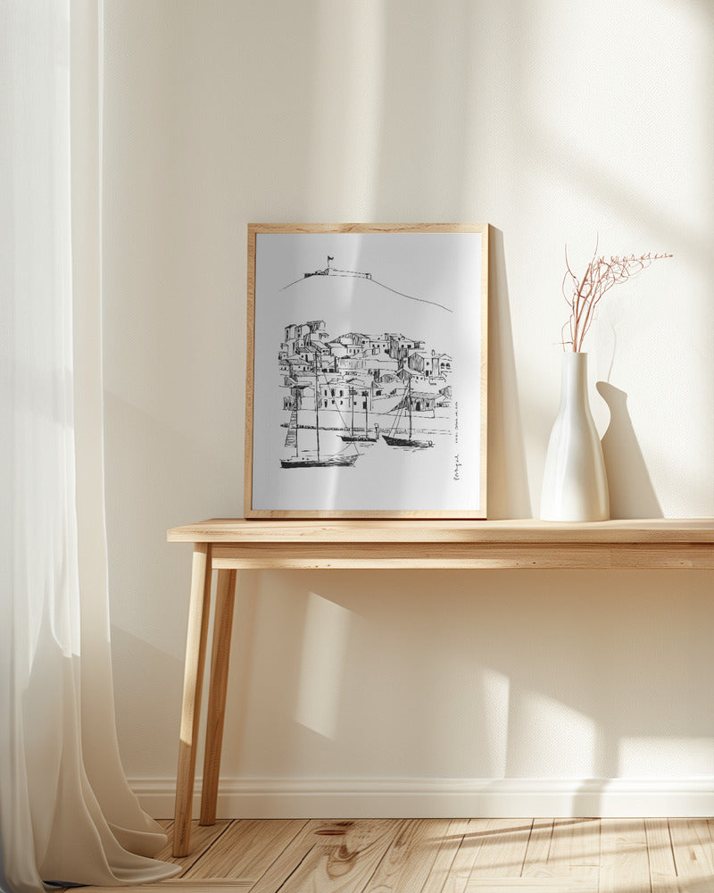 Small Portugese Town Overlooking Spain With Sailboats: Fine Art Poster
