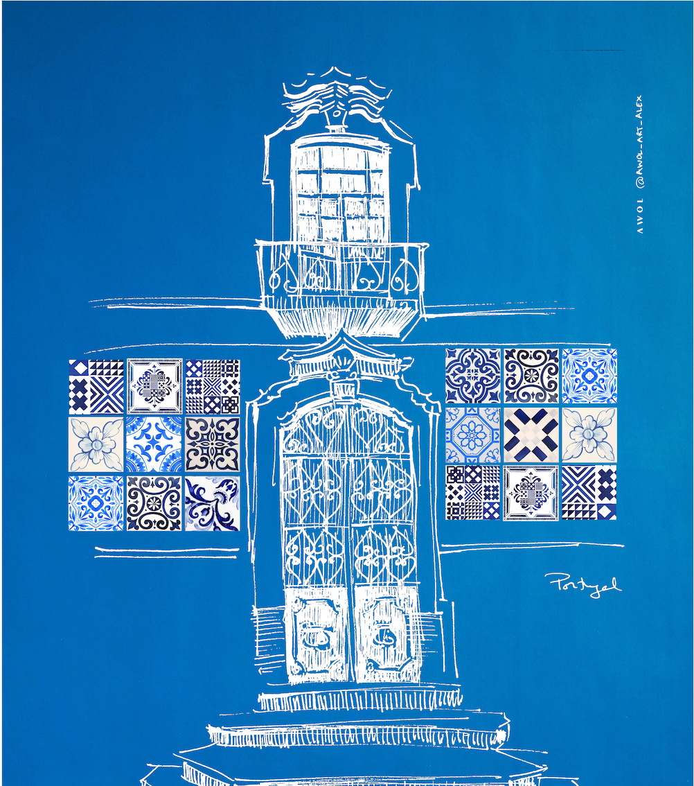 Portugal Blues: Doorway & Azulejos, Fine Art Poster