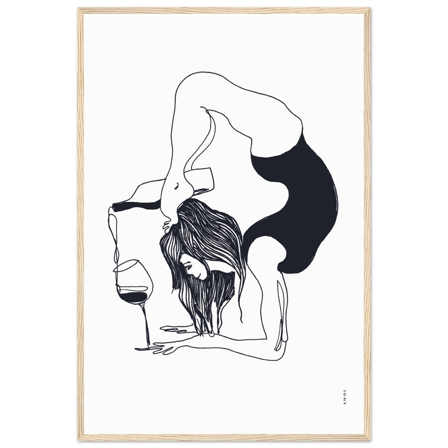 Funny Black And White Yoga Art Print In Wooden Frame With Wine And Balance Yoga Pose