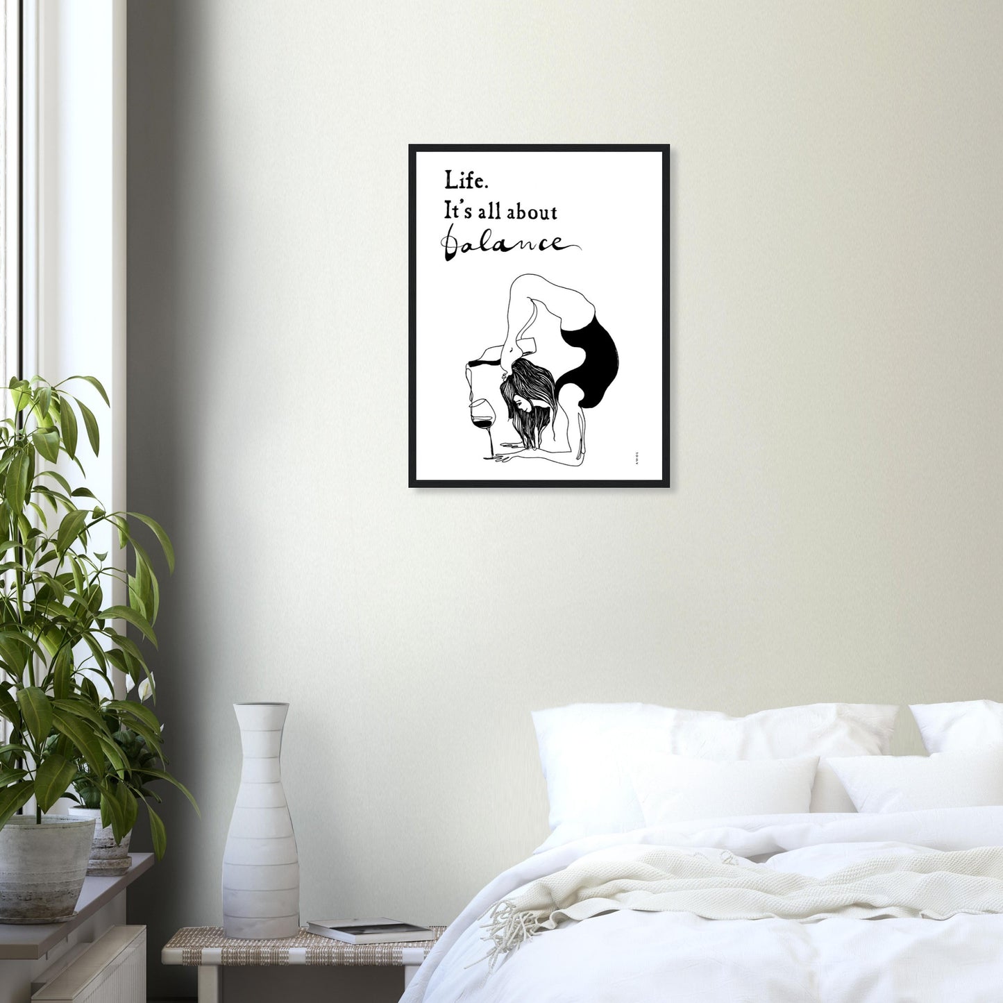Yoga Art Print With Yoga Pose, Wine And Balance: Framed Art Print