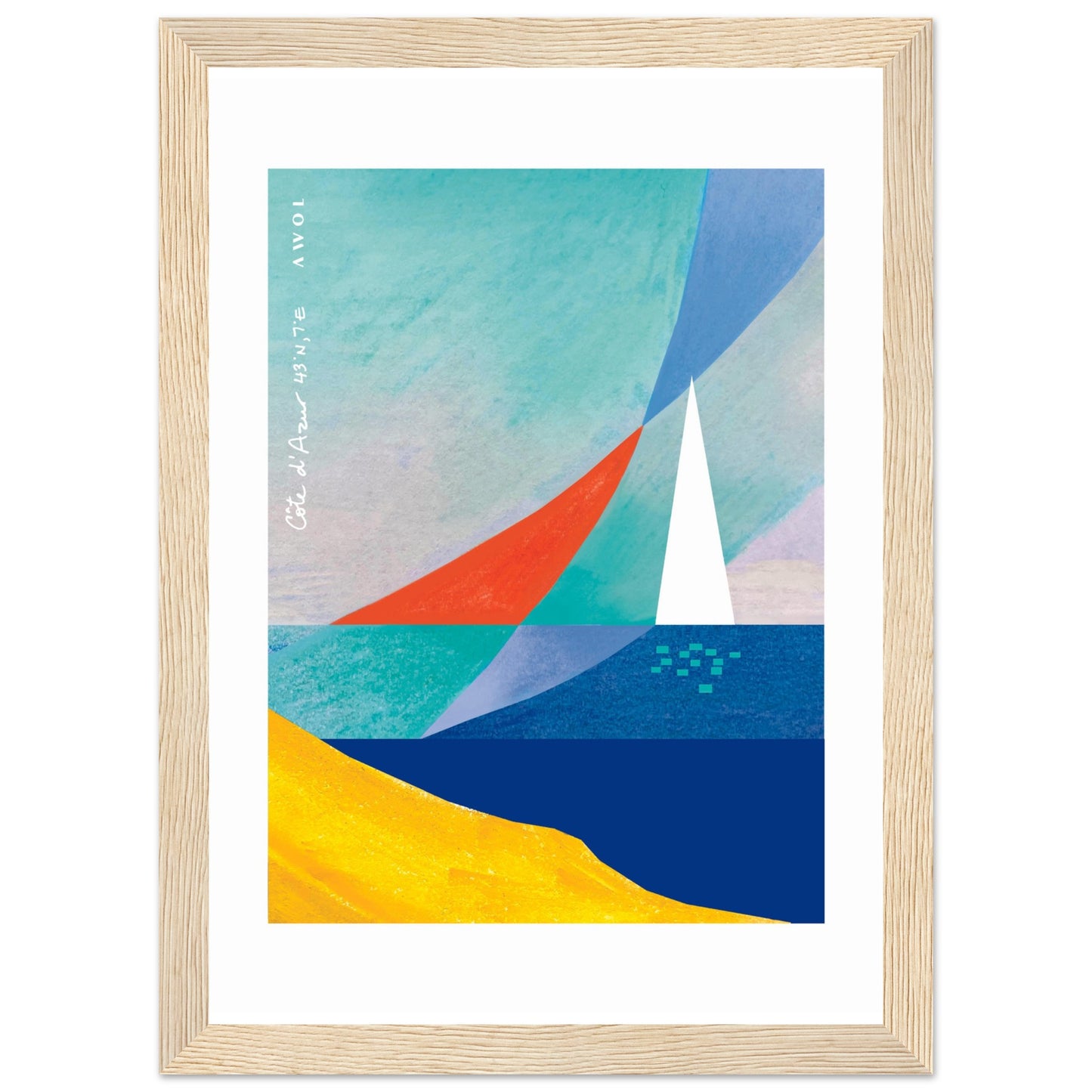 Sea And Sailboat Abstraction Art Of The Mediterranean Sea, French Riviera Nautical Art Print: Wooden Framed Poster Print