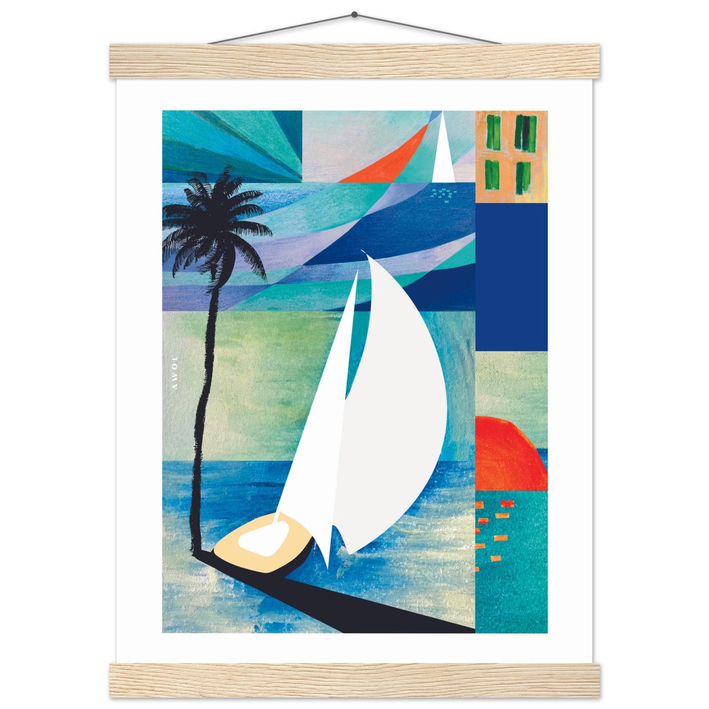 Colourful Sailing Art: Sea, Palm Tree And Orange Sun: Travel Poster with Hanger