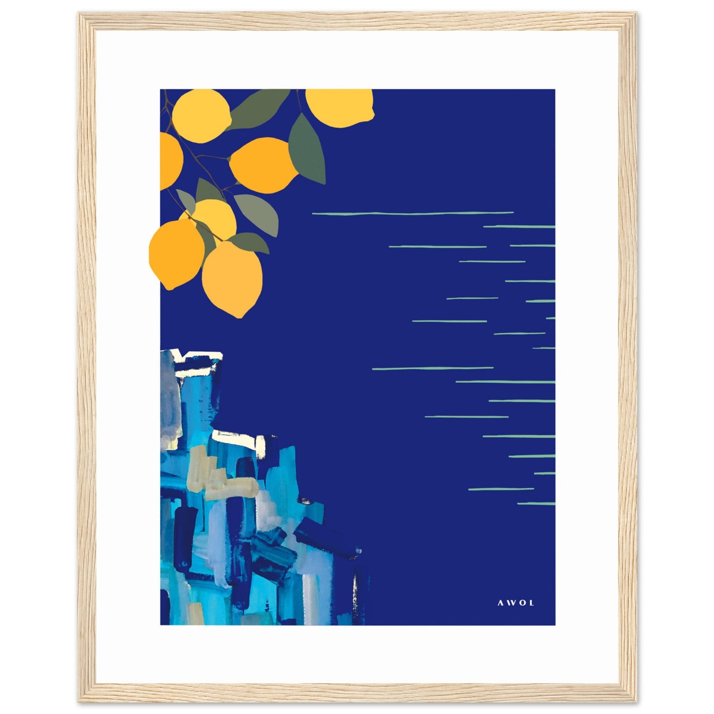 Mediterranean Blues: Landscape Art With Lemons By The Sea, Wooden Framed Art Print