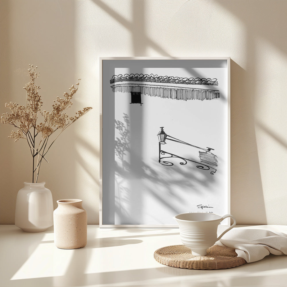 Siesta Shadows: Sunshine On Streetlamp In Spain: Fine Art Wooden Framed Poster
