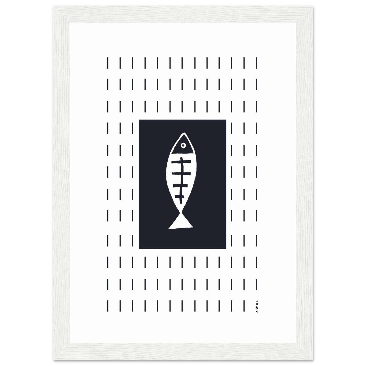 Minimalist Fish Art Abstraction In Rain Pattern, Black and White Framed Art Print