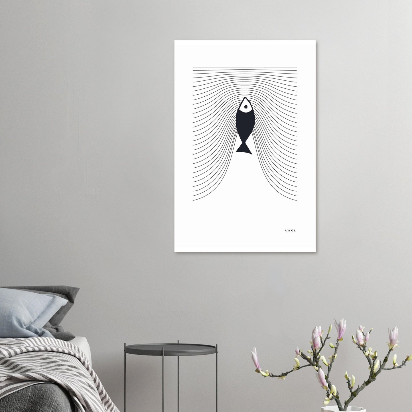 Minimalist Fish Art, Sardine Swimming In Abstract Sea: Scandinavian Poster Print