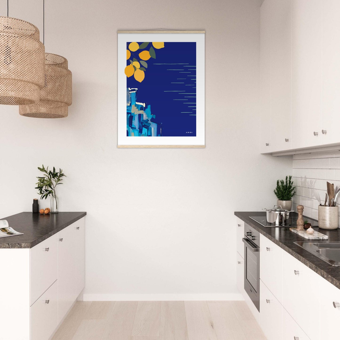 Mediterranean Seascape Art: Blue Seas And Lemons, Travel Poster with Hanger