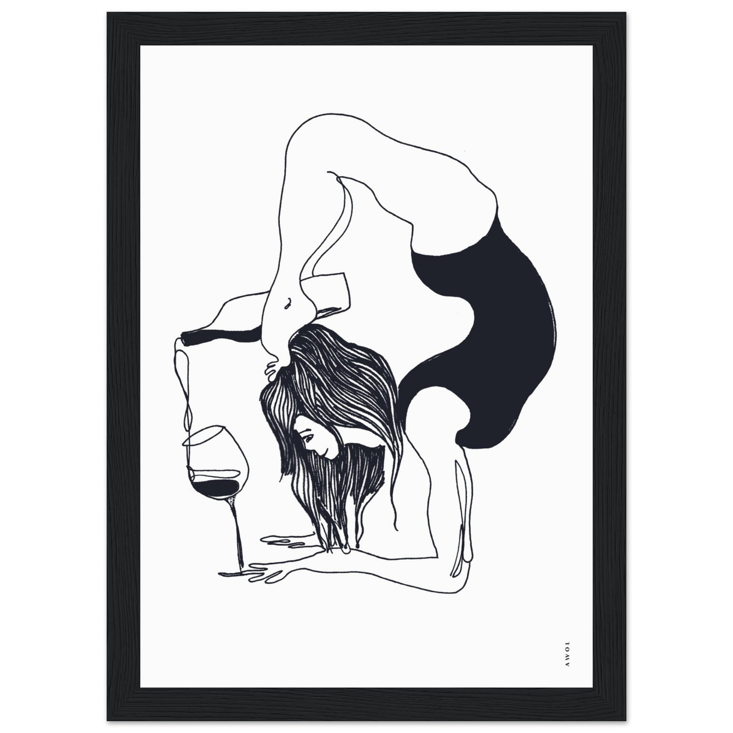 Funny Black And White Yoga Art Print In Wooden Frame With Wine And Balance Yoga Pose