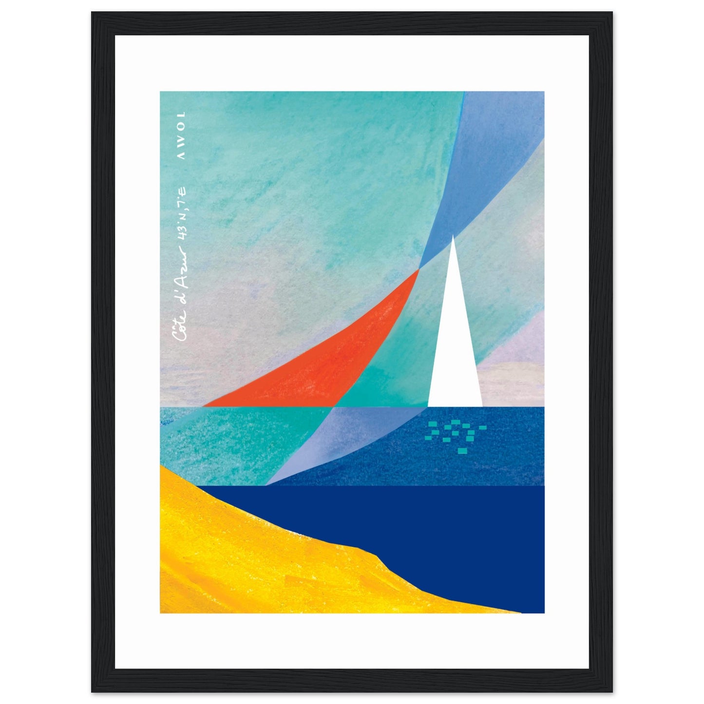 Sea And Sailboat Abstraction Art Of The Mediterranean Sea, French Riviera Nautical Art Print: Wooden Framed Poster Print