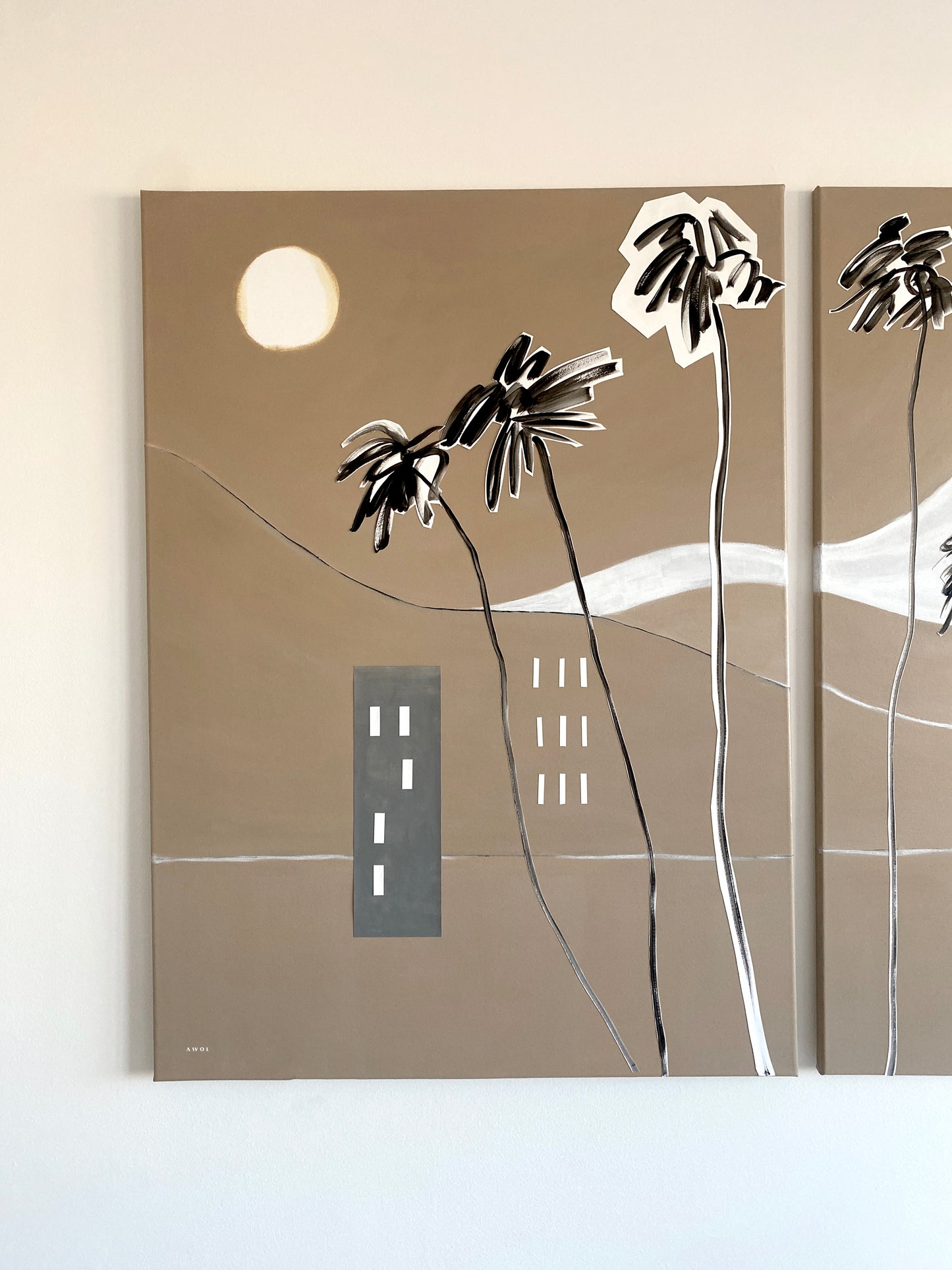 Palm Trees, Mountains And Sunrise Landscape,  Abstract Canvas Wall Art