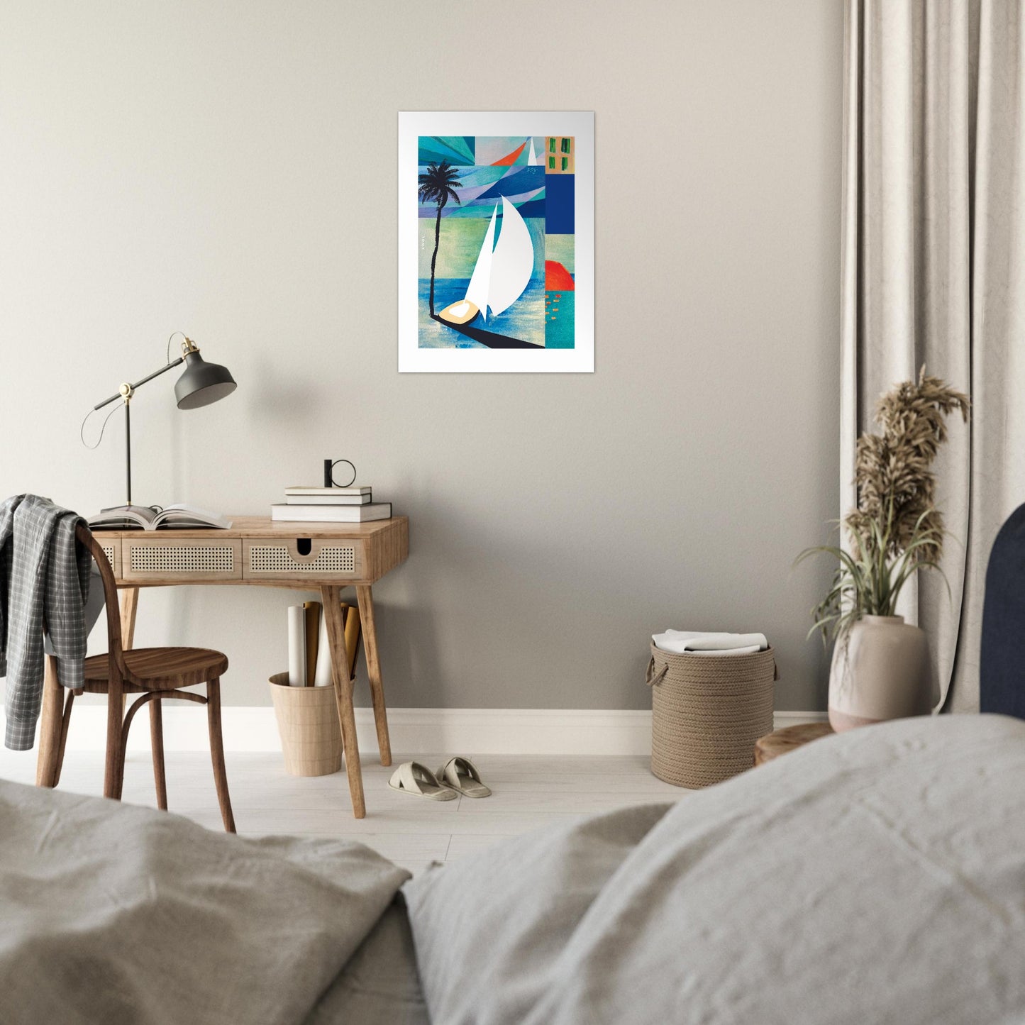 White Sailboat On Blue Sea At Sunrise, Palm Tree Art Print On Aluminum