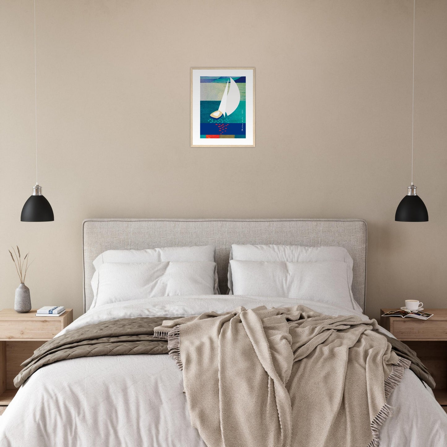White Sailboat At Sunset On The Sea With Graphic Reflection: French Rivera: Classic Matte Paper Wooden Framed Poster