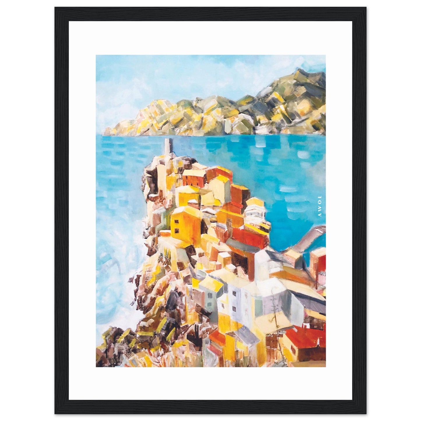 Colourful Town On A Cliff By The Sea In Italy: Italian Riviera Framed Art Print
