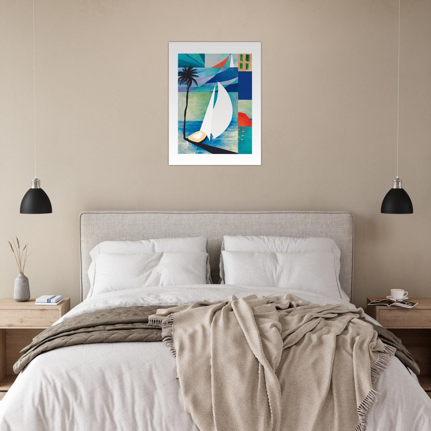 Tropical Art Print, Sunrise, Sail Boat and Palm Trees: Poster Print