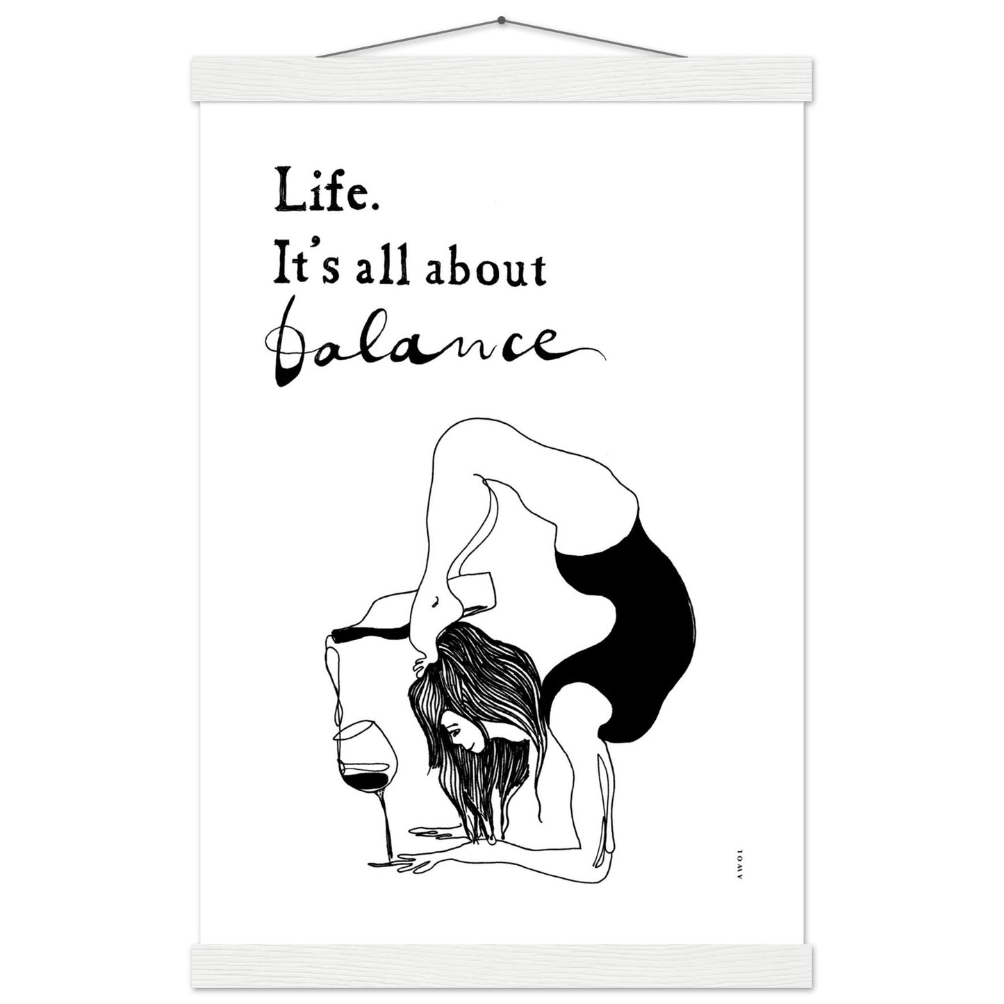 Funny Yoga Art Print With Spiritual Quote, Yoga Pose And Wine, Poster Print with Hanger