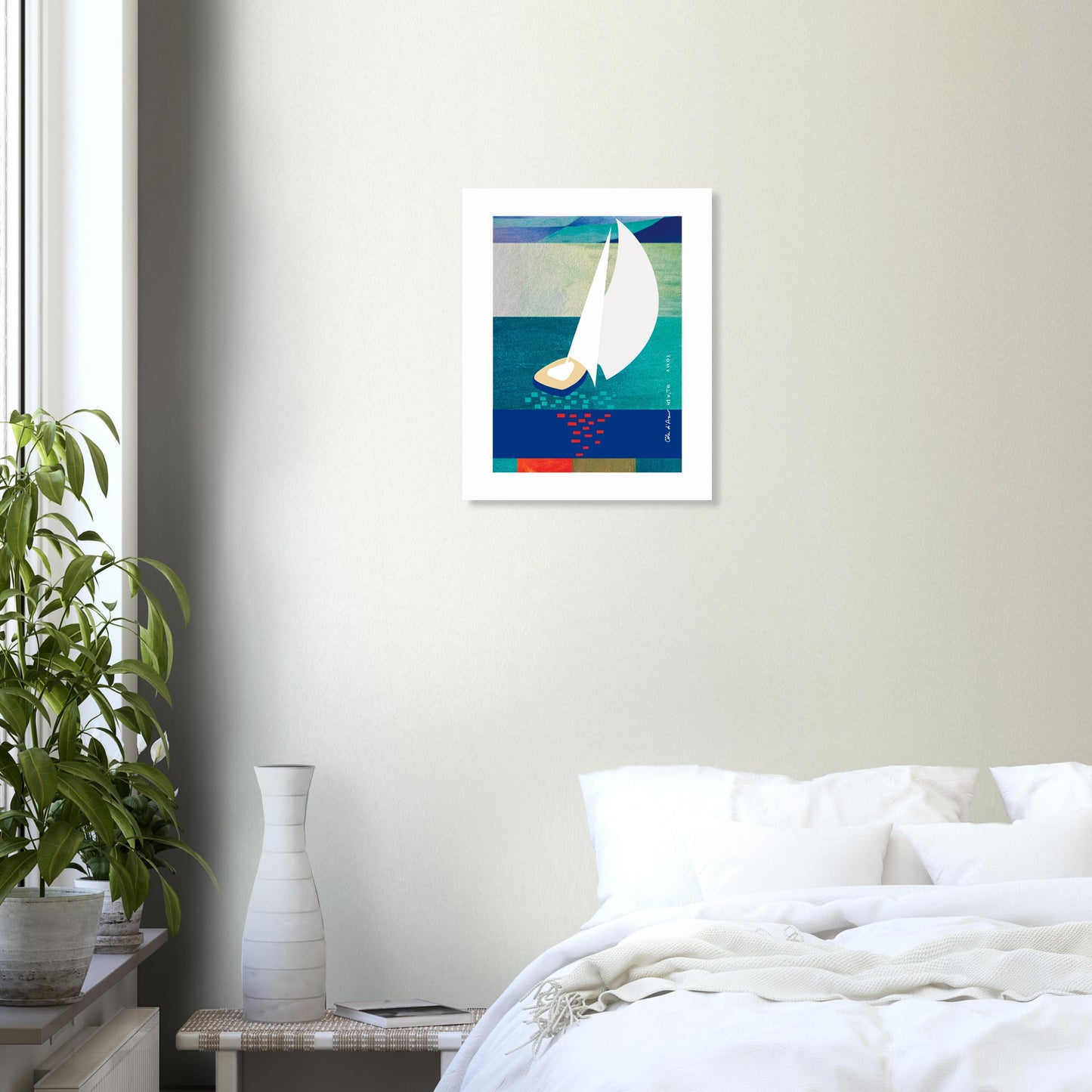 White Sailboat At Sunset On The Sea With Graphic Reflection: French Rivera Classic Matte Paper Poster