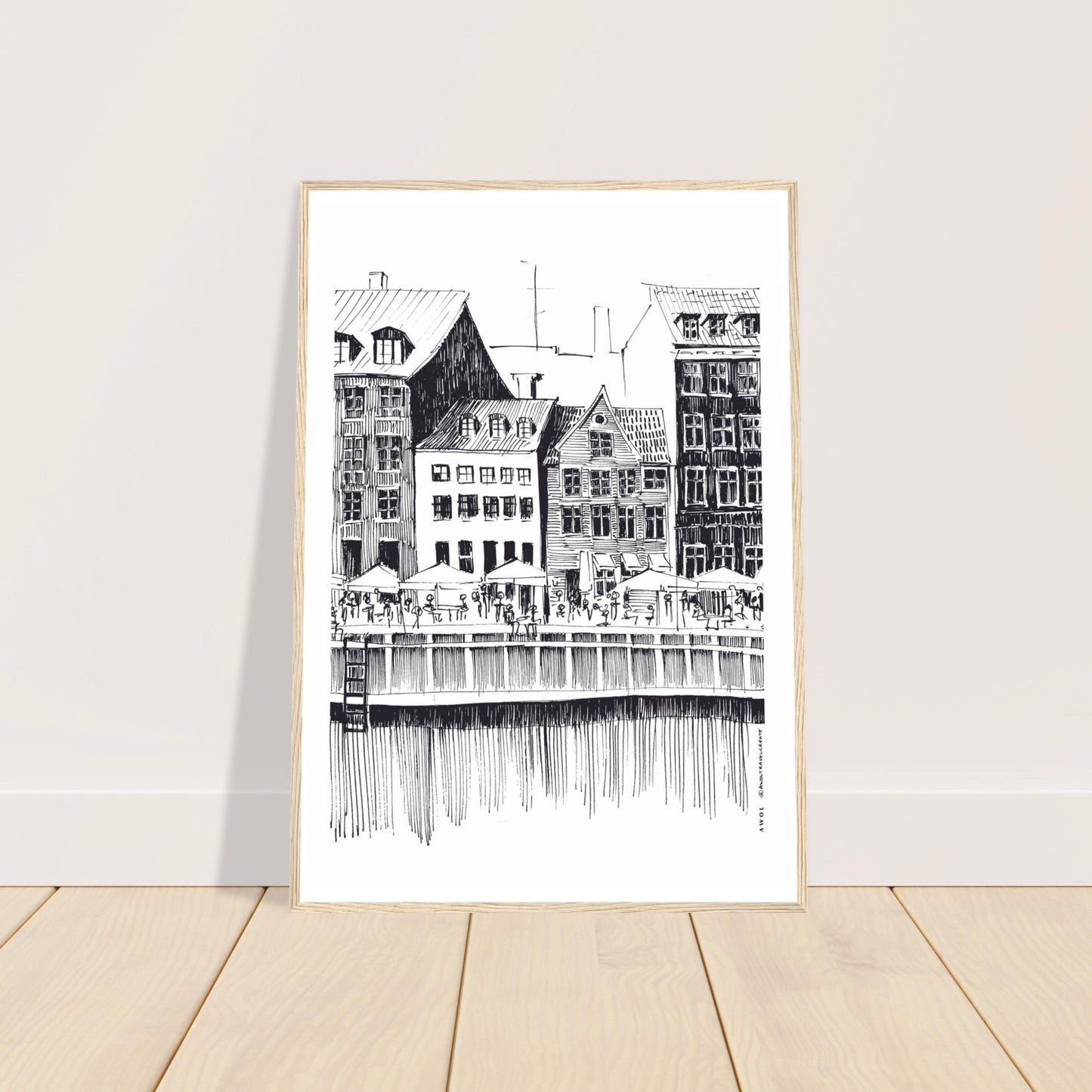 Saturday Afternoon With Cafés And Historic Houses In Copenhagen, Wooden Framed Art Print On Premium Paper