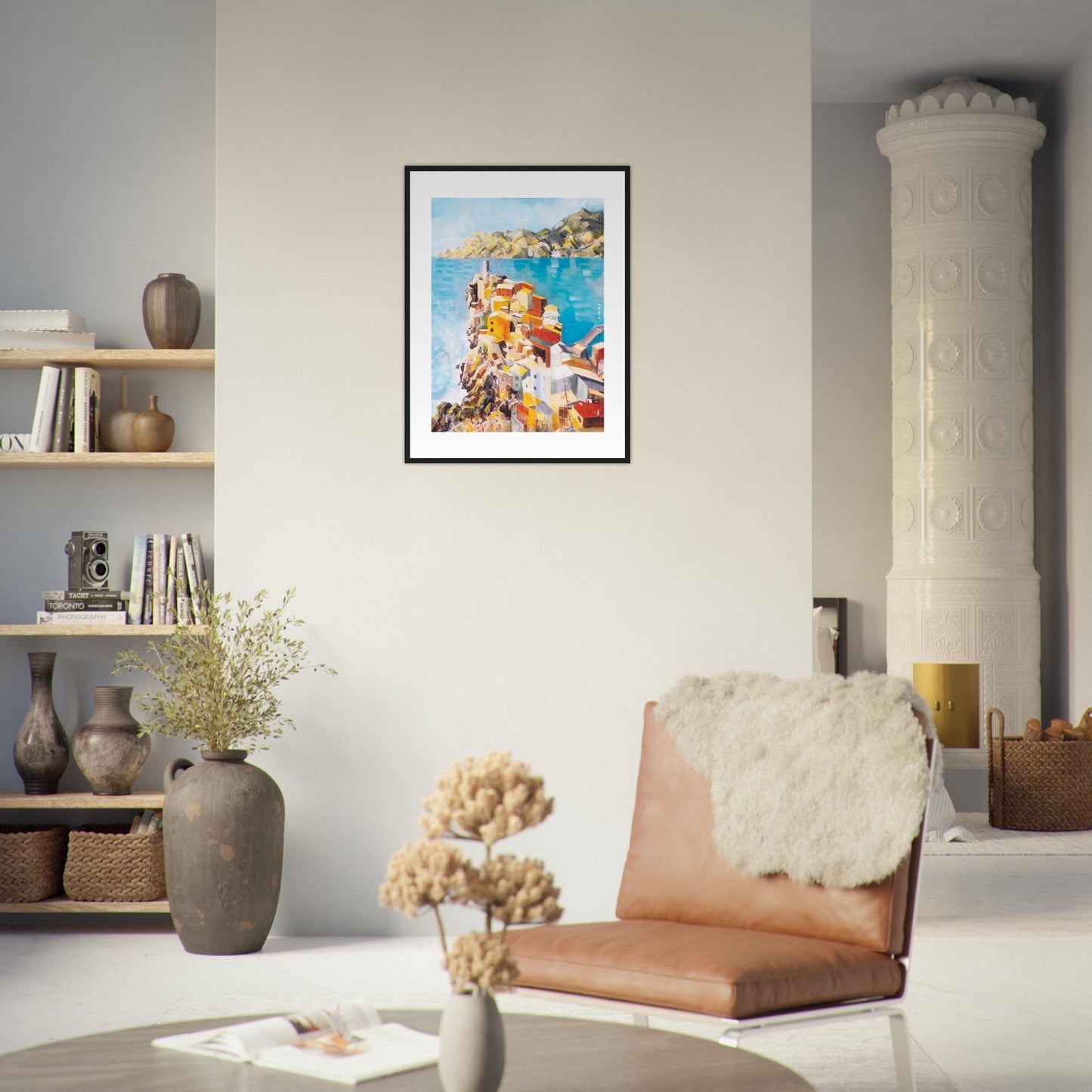 Colourful Town On A Cliff By The Sea In Italy: Italian Riviera Framed Art Print