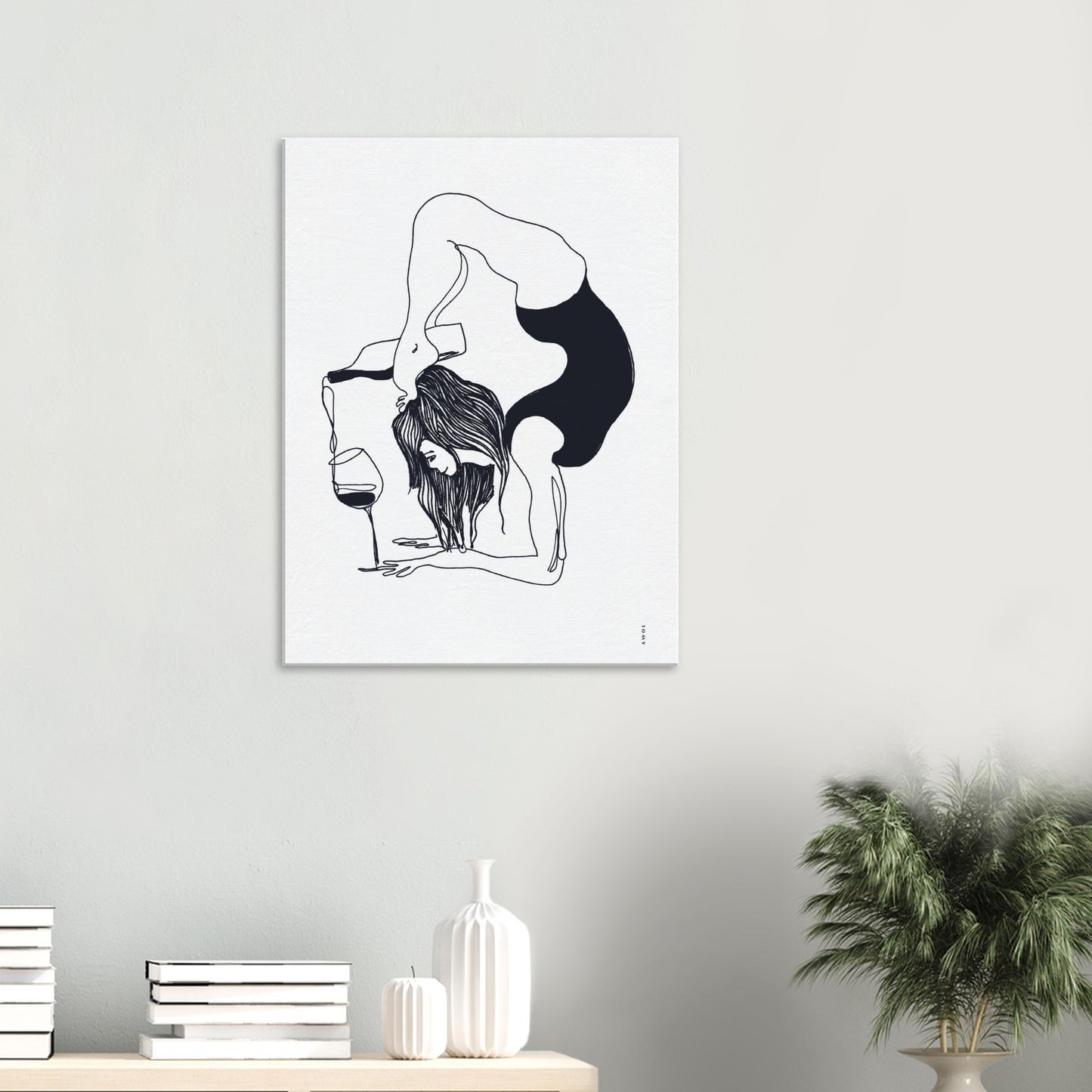 Funny Yoga Art On Canvas:  Minimalist Art Of Yoga Pose On Canvas With Wine