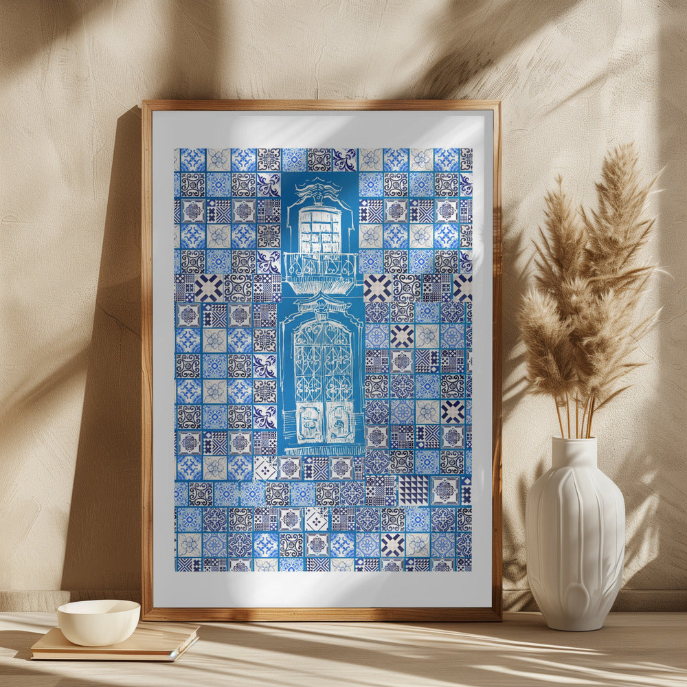 Blue Portugese Patterns: Azulejos Wall, Wooden Framed Poster