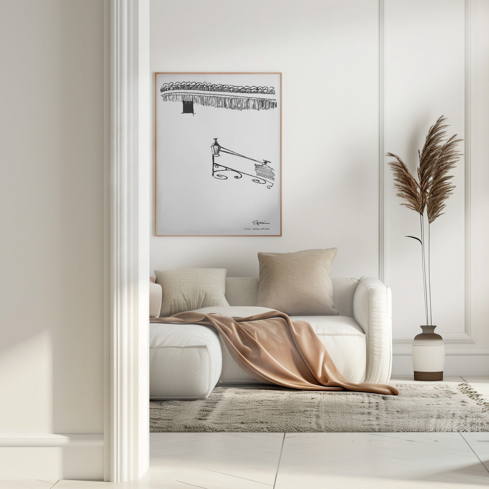 Siesta Shadows: Sunshine On Streetlamp In Spain: Fine Art Wooden Framed Poster