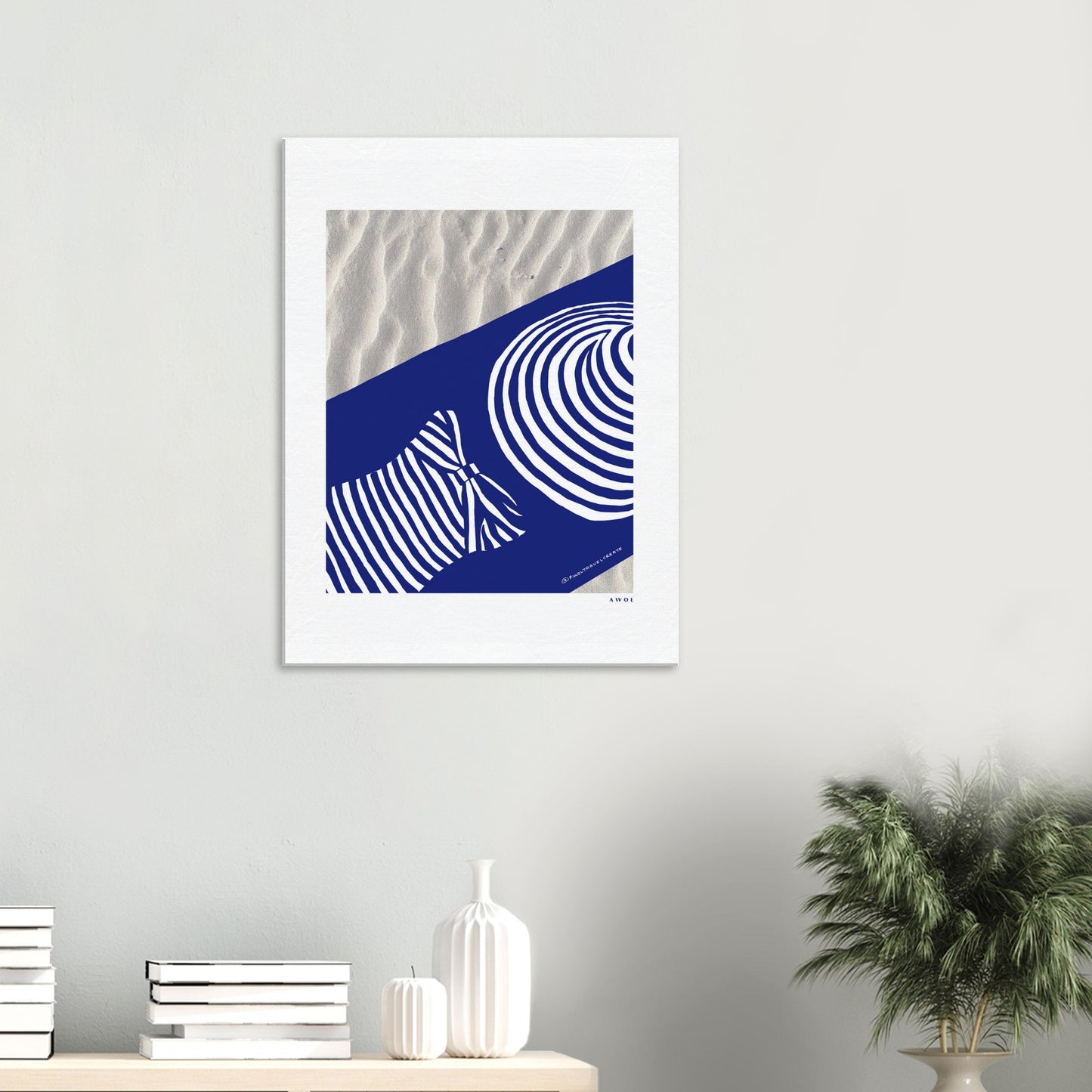 Woman Relaxing In And Oversized Beach Hat, And Striped Bathing Suit, Vacation Vibes, Modern Blue Canvas Art