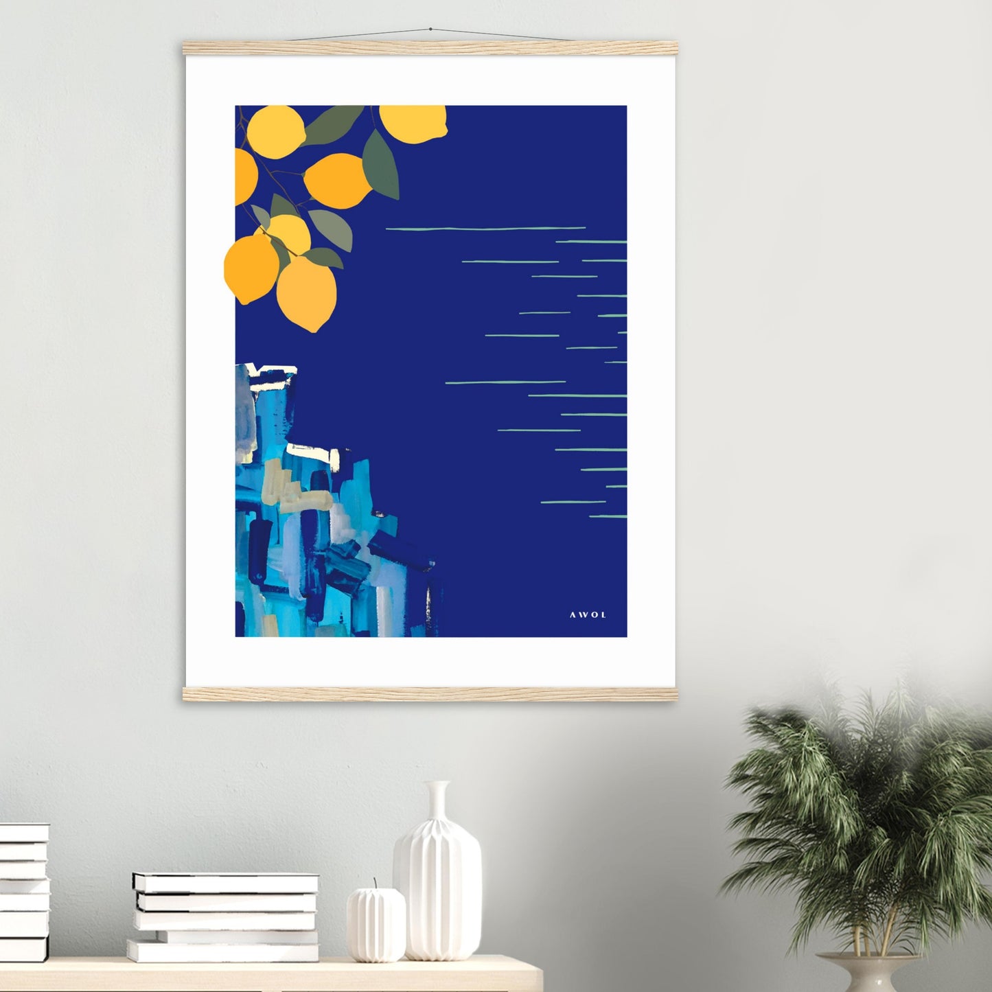 Mediterranean Seascape Art: Blue Seas And Lemons, Travel Poster with Hanger