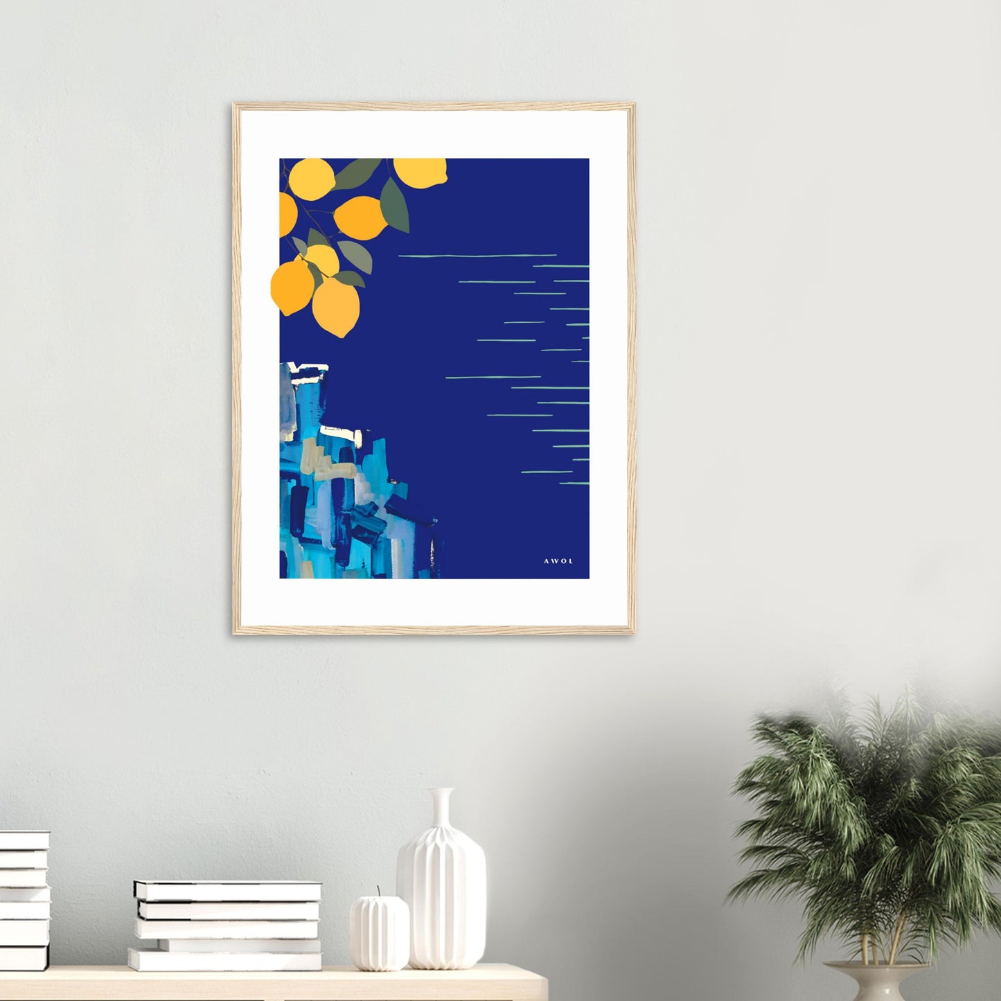 Mediterranean Blues: Landscape Art With Lemons By The Sea, Wooden Framed Art Print