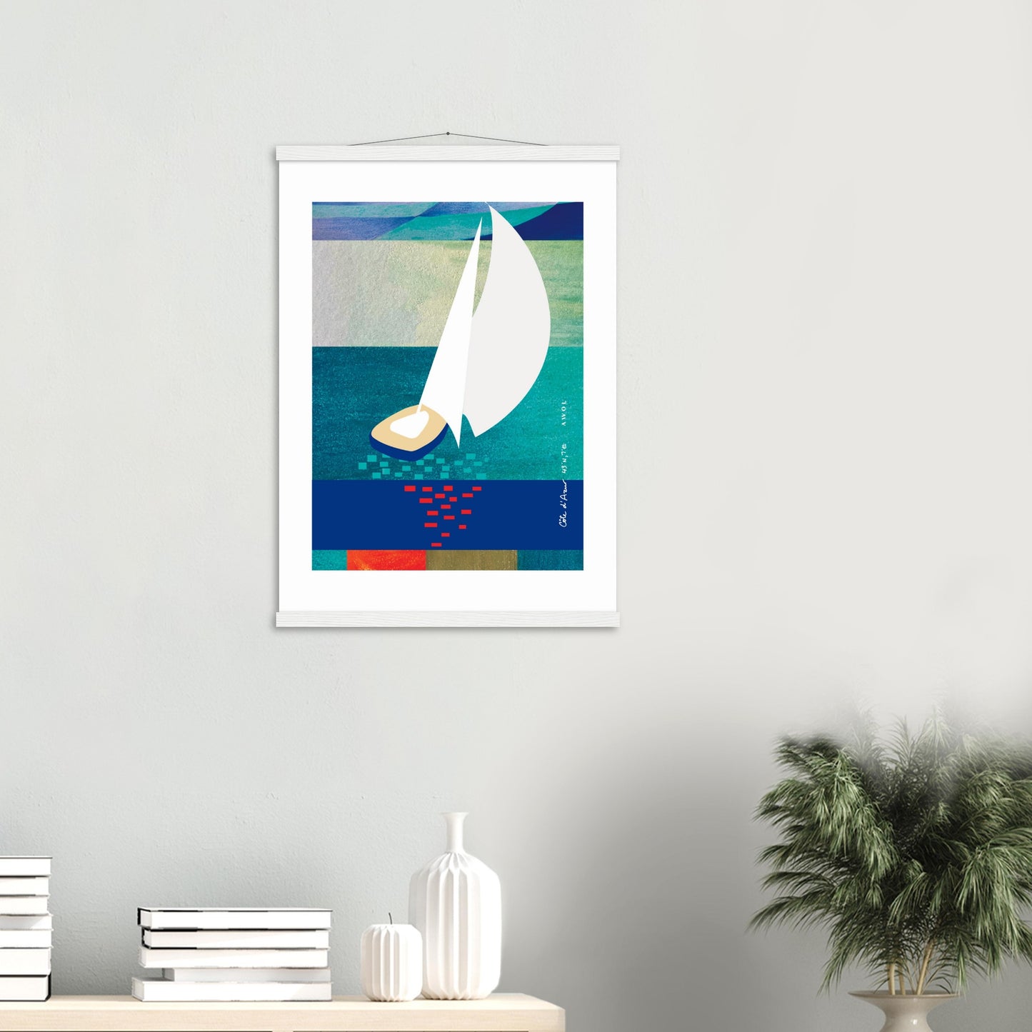 White Sailboat At Sunset On The Sea With Graphic Reflection: French Rivera Classic Matte Paper Poster with Hanger