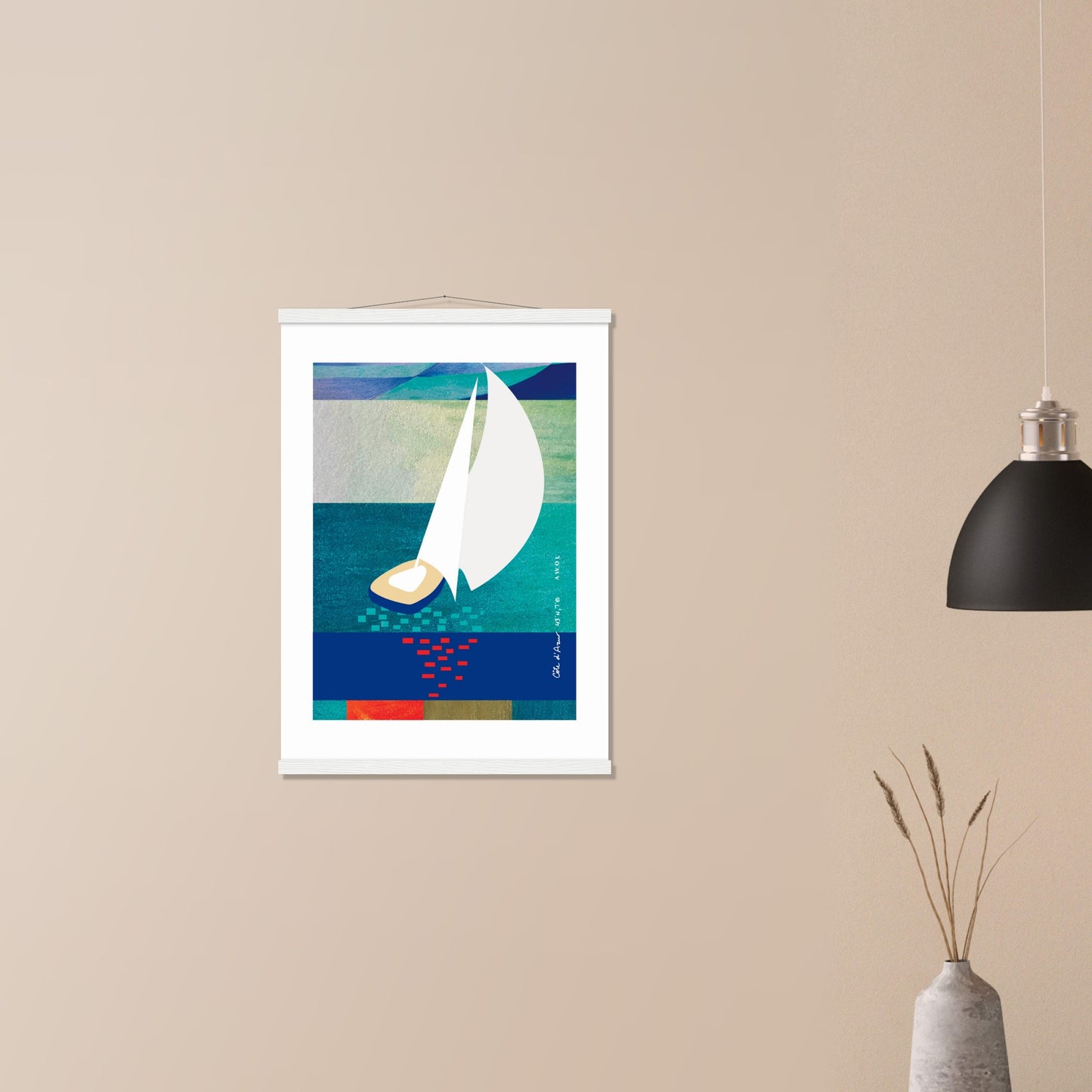 White Sailboat At Sunset On The Sea With Graphic Reflection: French Rivera Classic Matte Paper Poster with Hanger