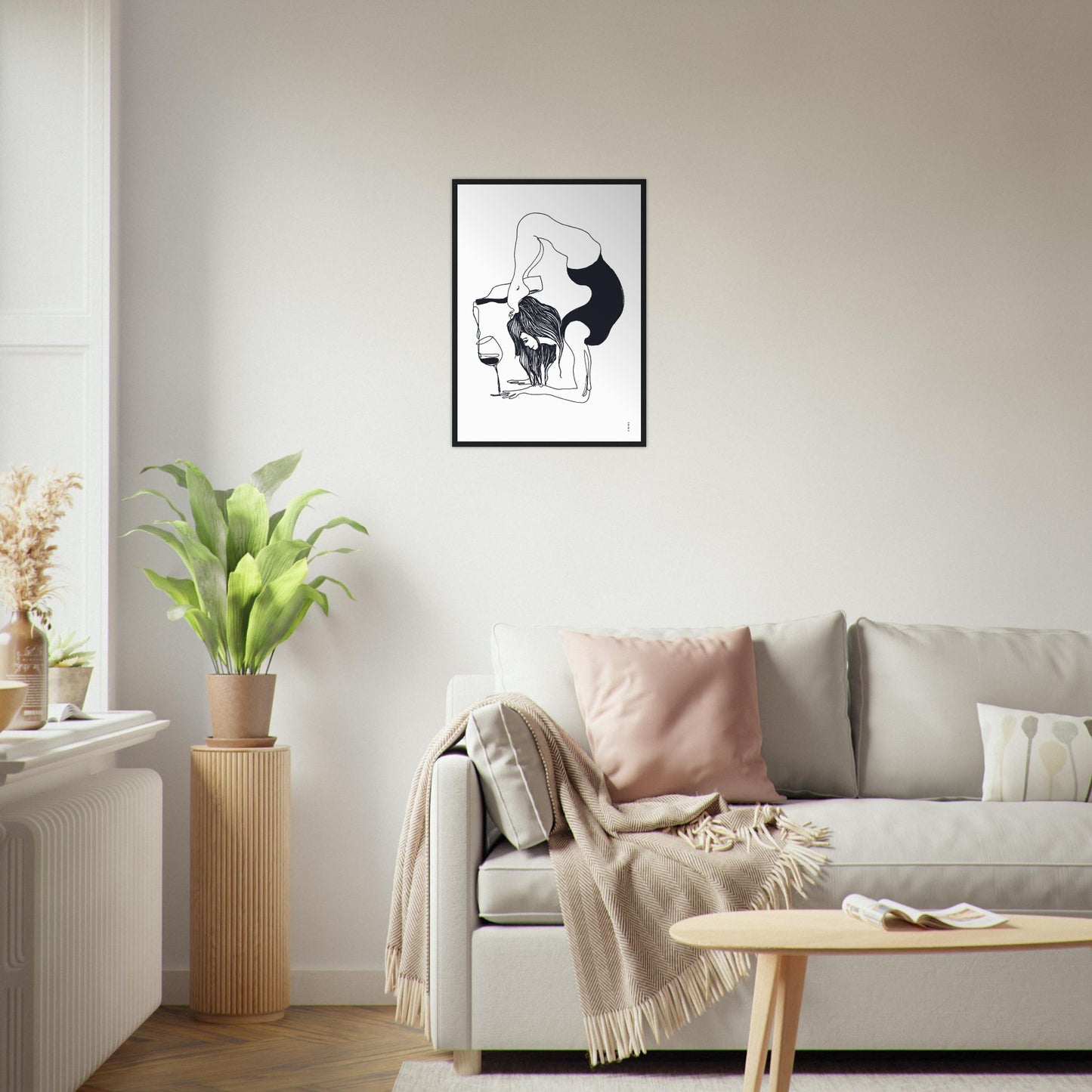 Funny Black And White Yoga Art Print In Wooden Frame With Wine And Balance Yoga Pose