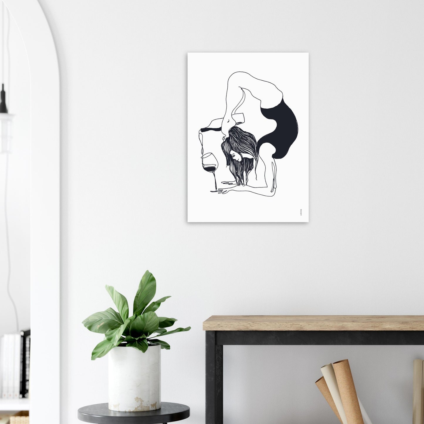Yoga Balance Pose With Wine: Modern Monochrome Lessons From India, Aluminum Art Print