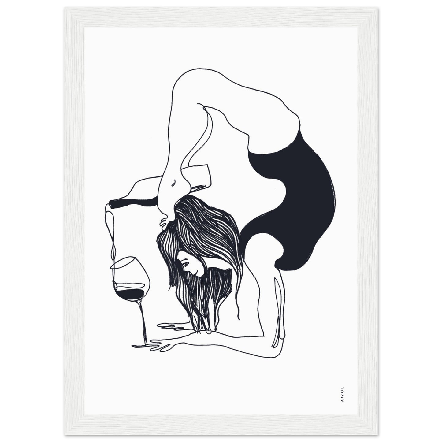 Funny Black And White Yoga Art Print In Wooden Frame With Wine And Balance Yoga Pose