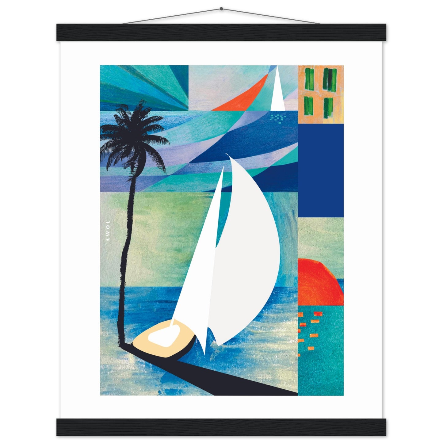 Colourful Sailing Art: Sea, Palm Tree And Orange Sun: Travel Poster with Hanger