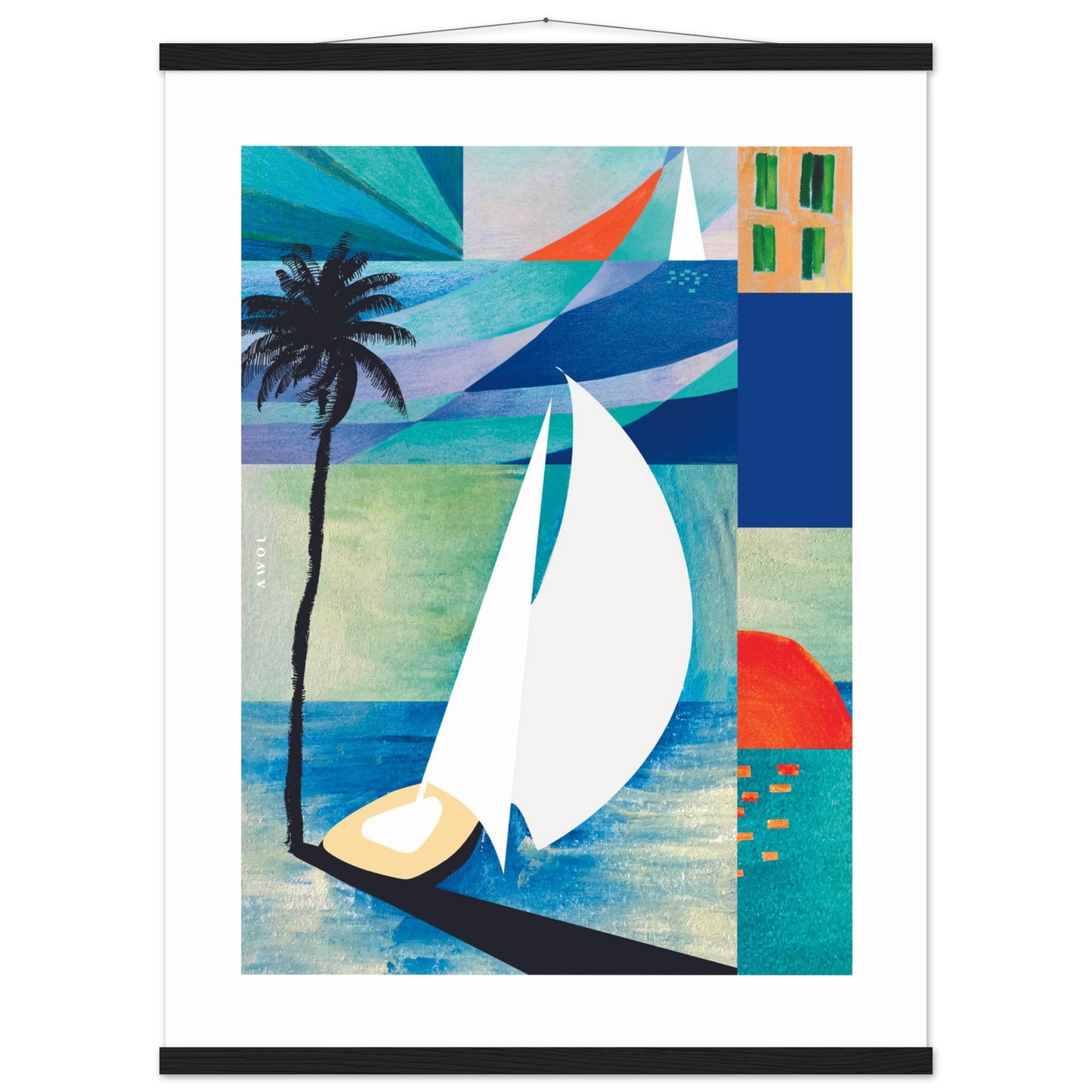 Colourful Sailing Art: Sea, Palm Tree And Orange Sun: Travel Poster with Hanger