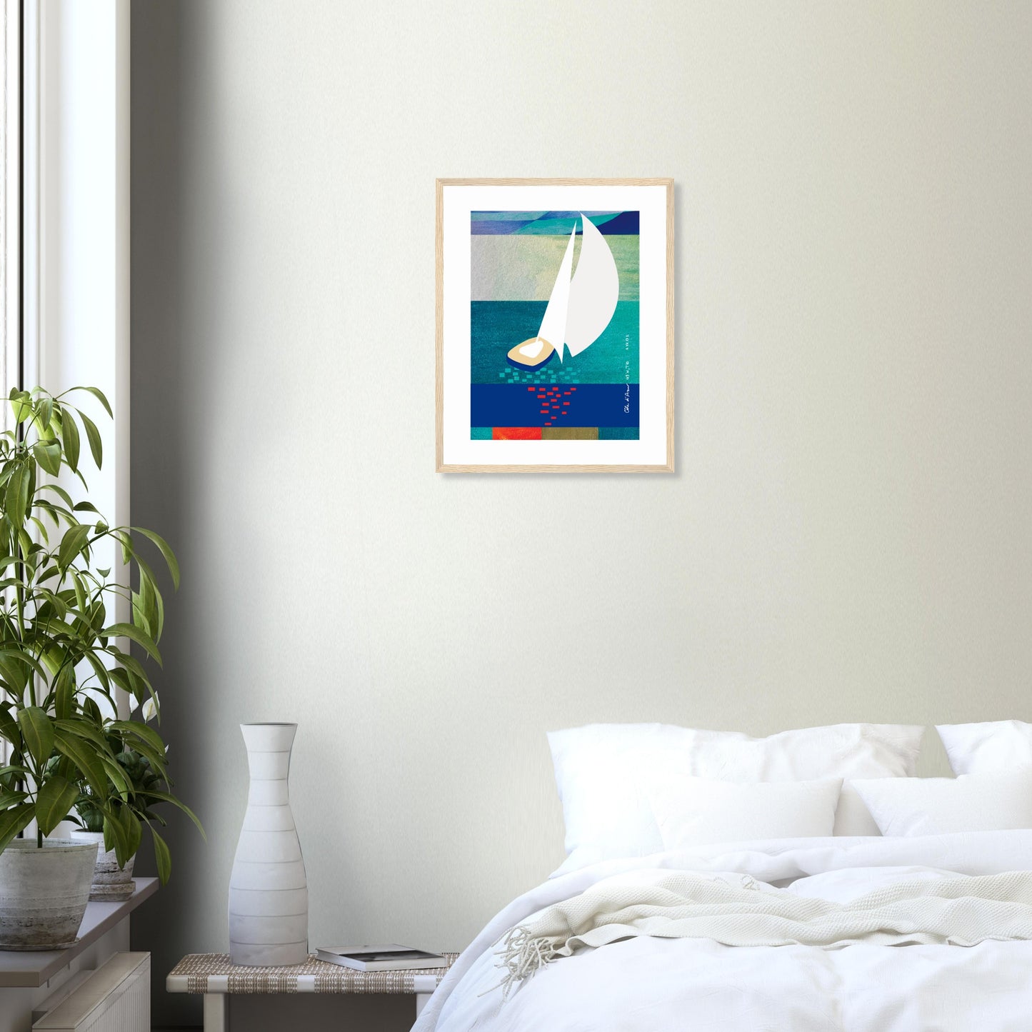 White Sailboat At Sunset On The Sea With Graphic Reflection: French Rivera: Classic Matte Paper Wooden Framed Poster