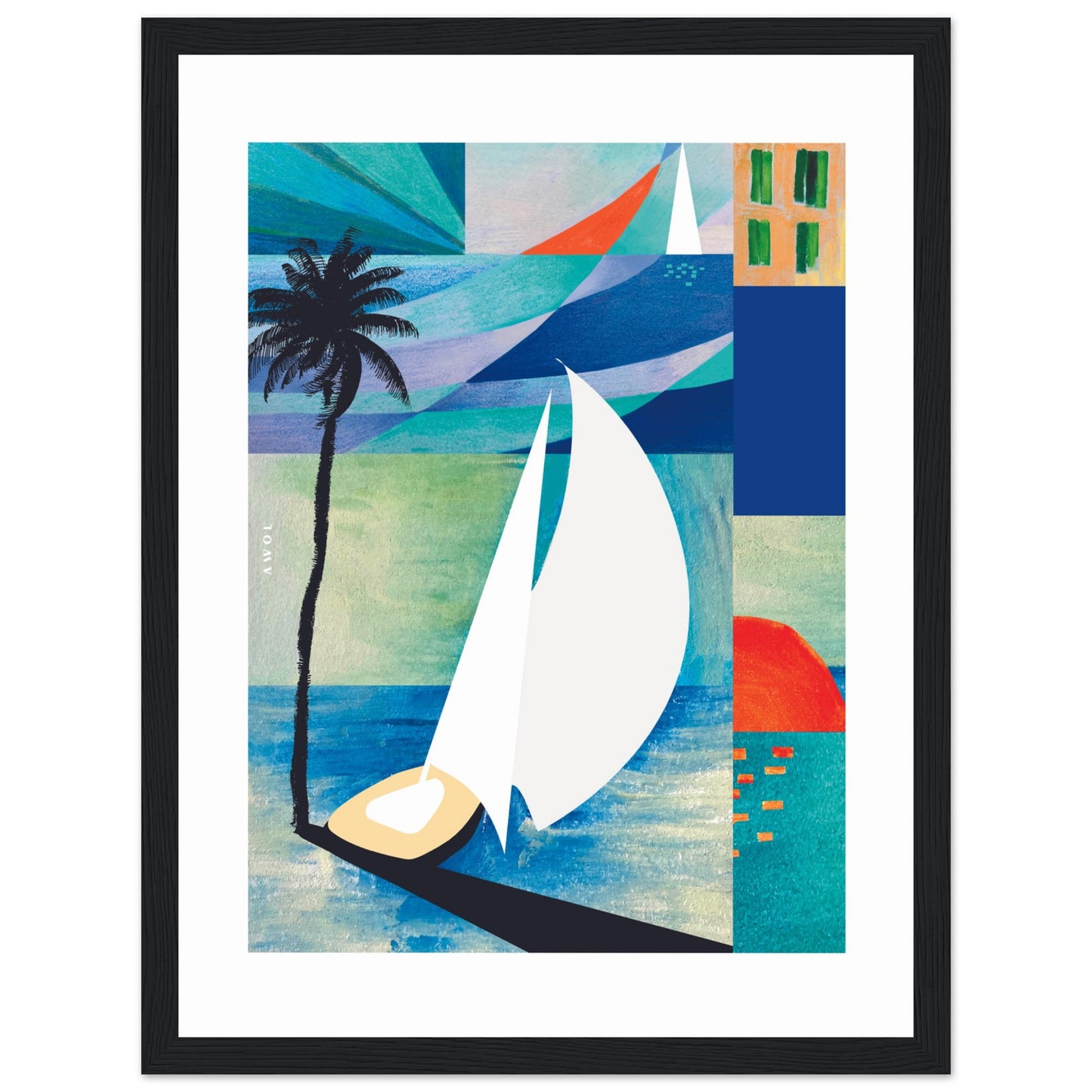 Sunrise, Sailboat And Palm Tree Beach, Sea Art : Framed Art Print