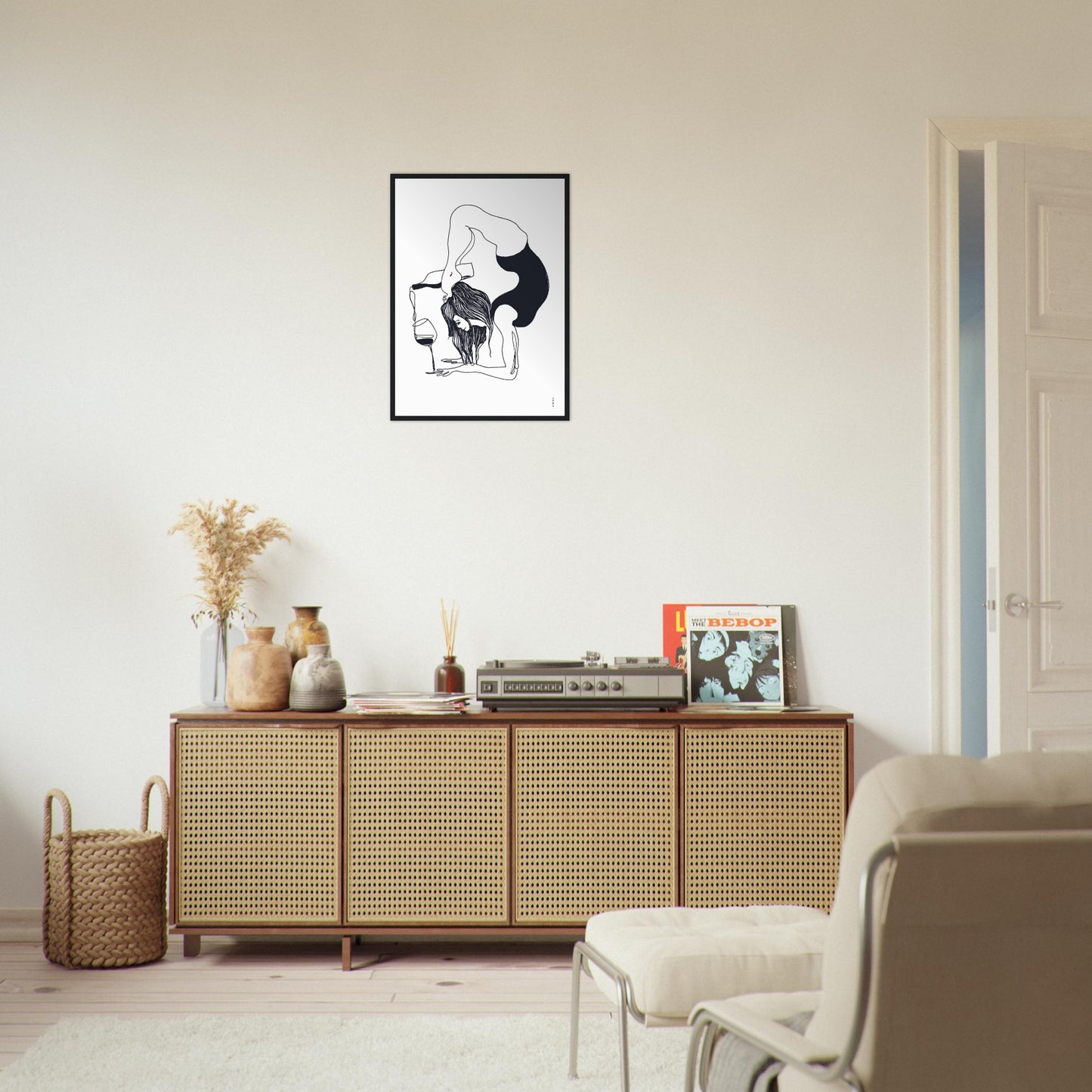 Funny Black And White Yoga Art Print In Wooden Frame With Wine And Balance Yoga Pose