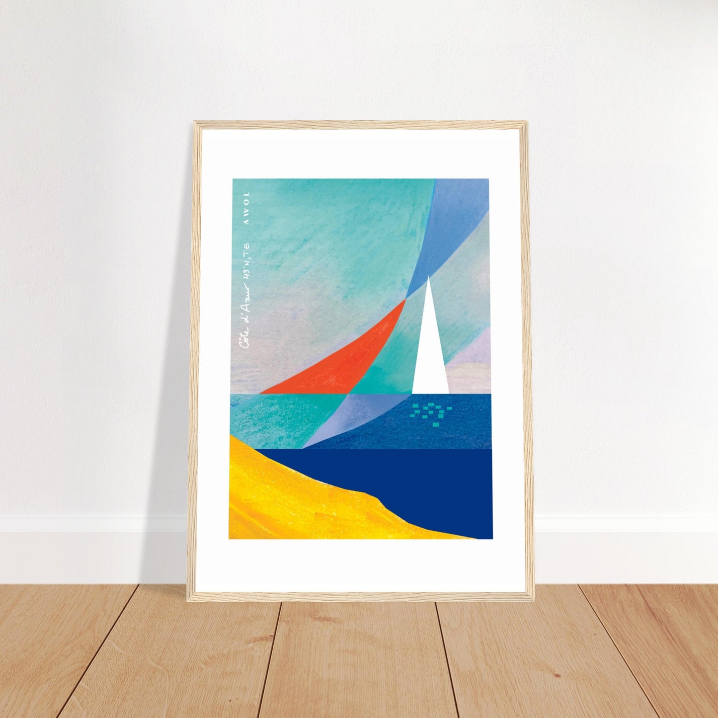 Sea And Sailboat Abstraction Art Of The Mediterranean Sea, French Riviera Nautical Art Print: Wooden Framed Poster Print