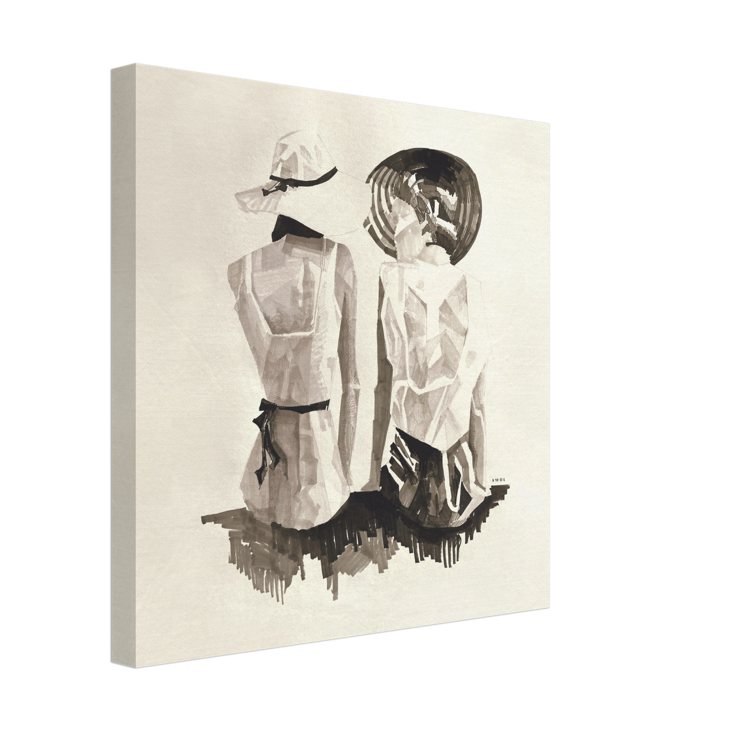 Mediterranean Elegance: Two Women In Hats On The Beach Looking At The Sea, Large Monochrome Canvas Art