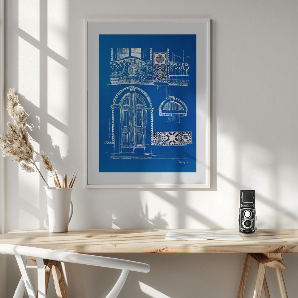 Blue Portugese House With Azulejo Tile Art: Framed Art Print