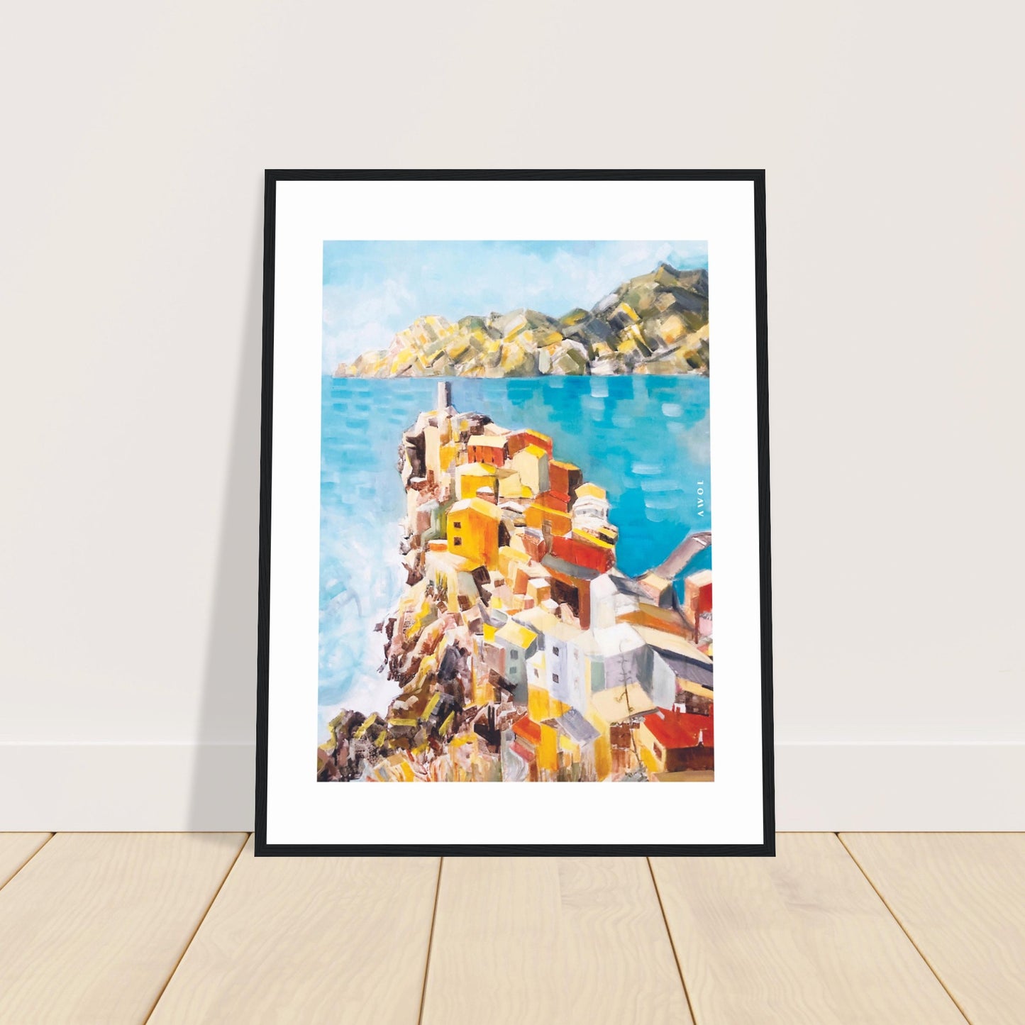 Colourful Town On A Cliff By The Sea In Italy: Italian Riviera Framed Art Print