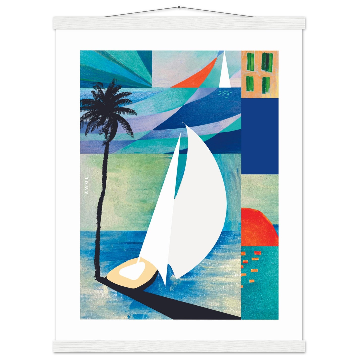 Colourful Sailing Art: Sea, Palm Tree And Orange Sun: Travel Poster with Hanger
