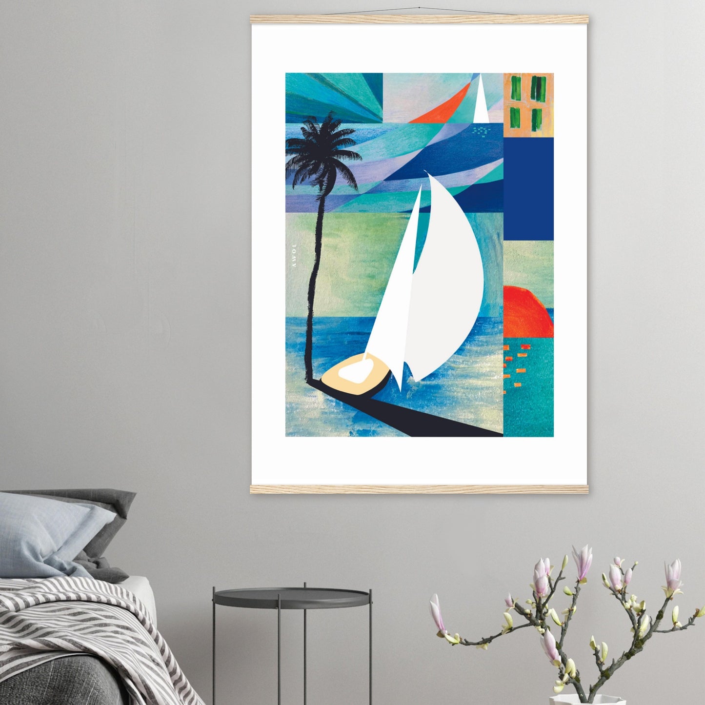 Colourful Sailing Art: Sea, Palm Tree And Orange Sun: Travel Poster with Hanger