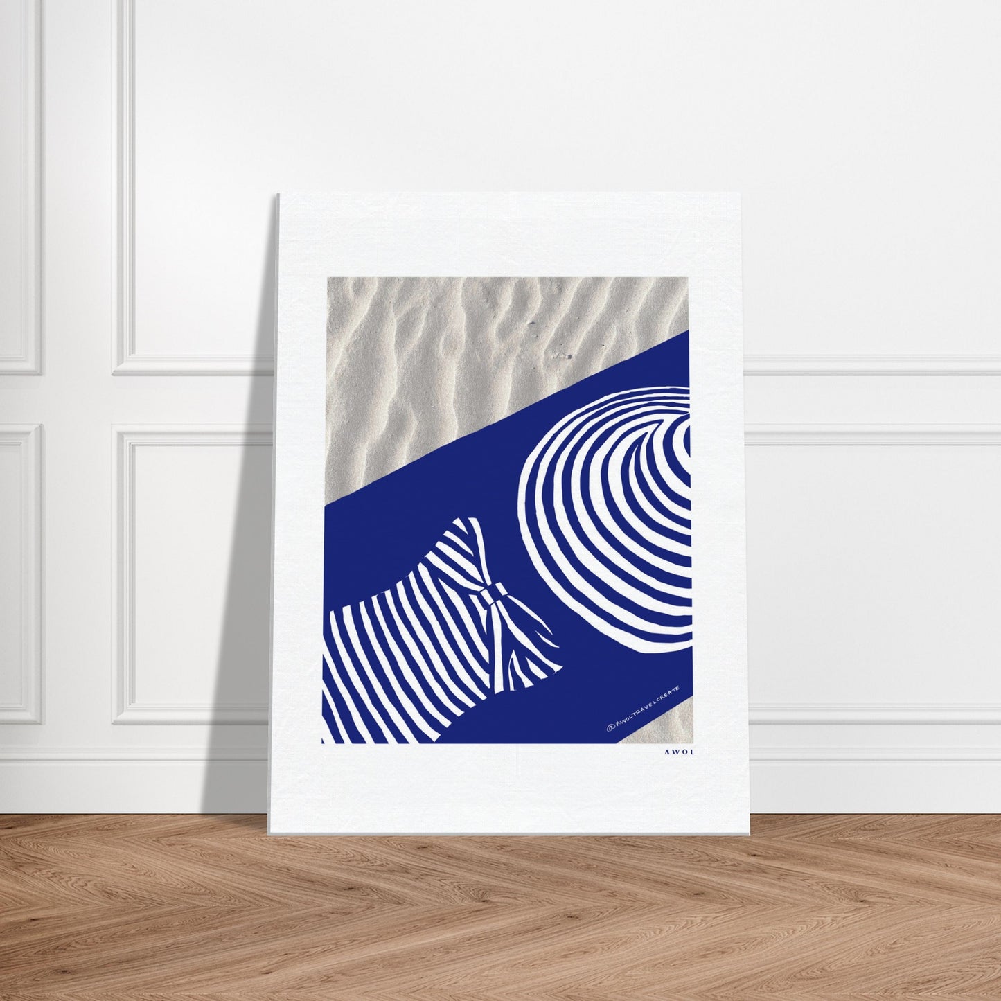 Woman Relaxing In And Oversized Beach Hat, And Striped Bathing Suit, Vacation Vibes, Modern Blue Canvas Art