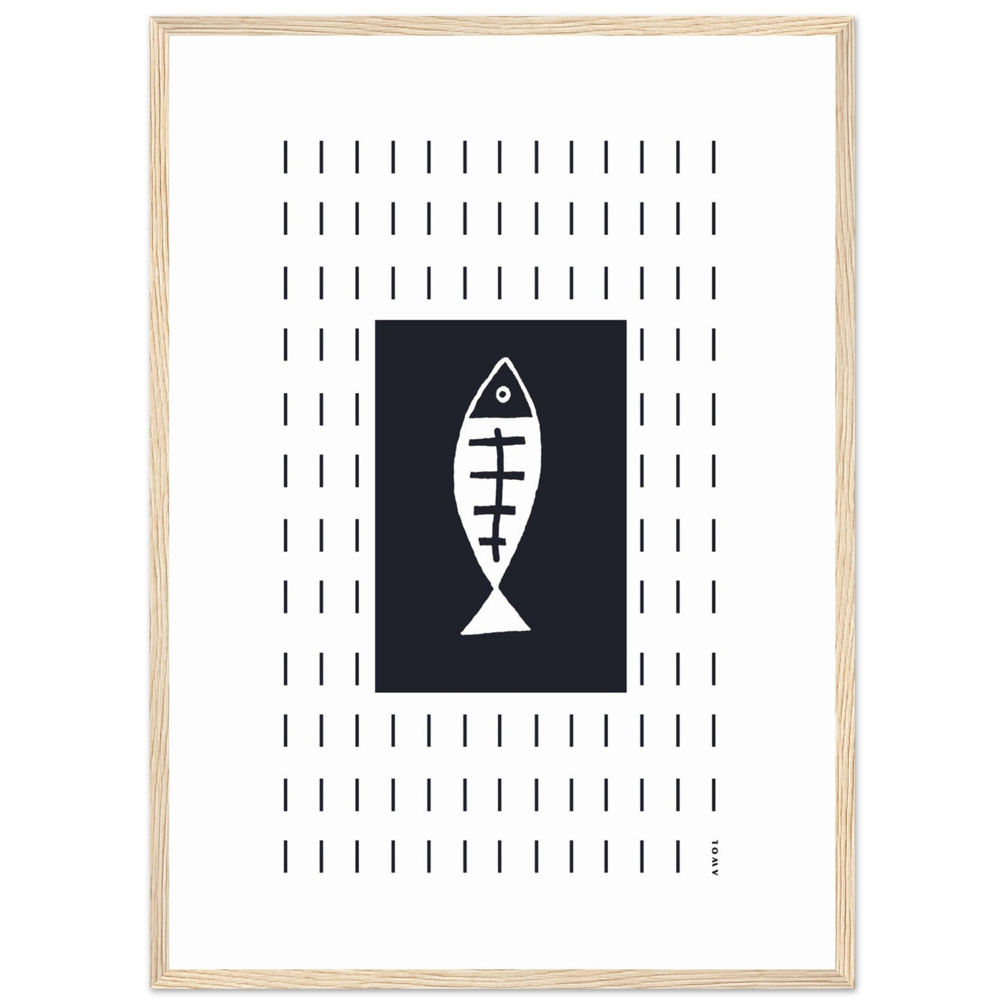 Minimalist Fish Art Abstraction In Rain Pattern, Black and White Framed Art Print